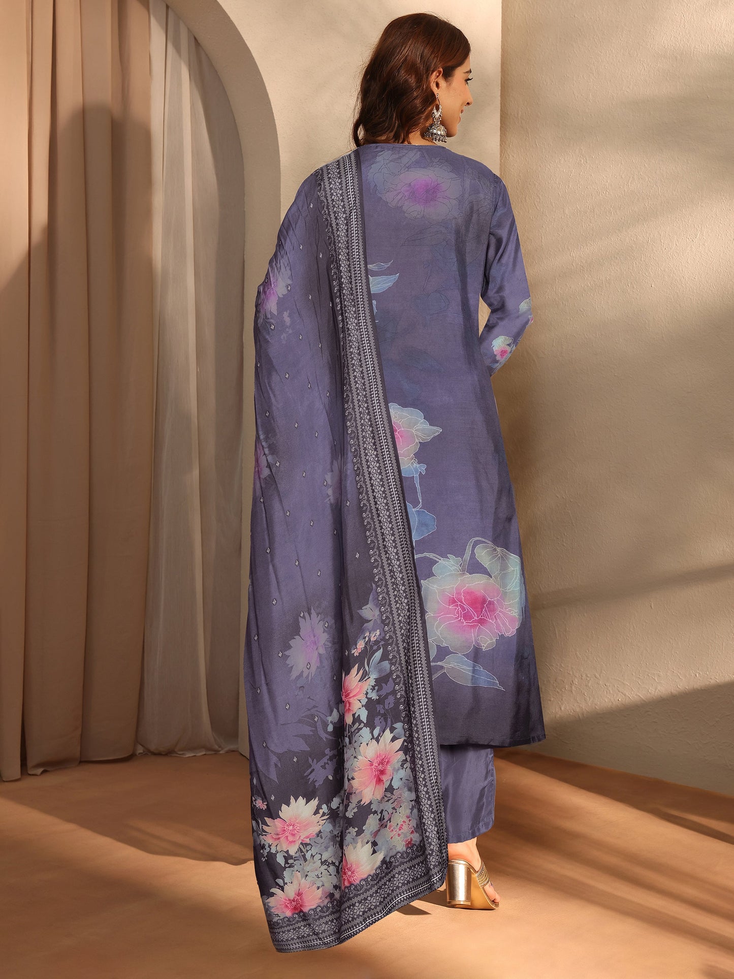 Libas Blue Printed Silk Blend Straight Suit With Dupatta