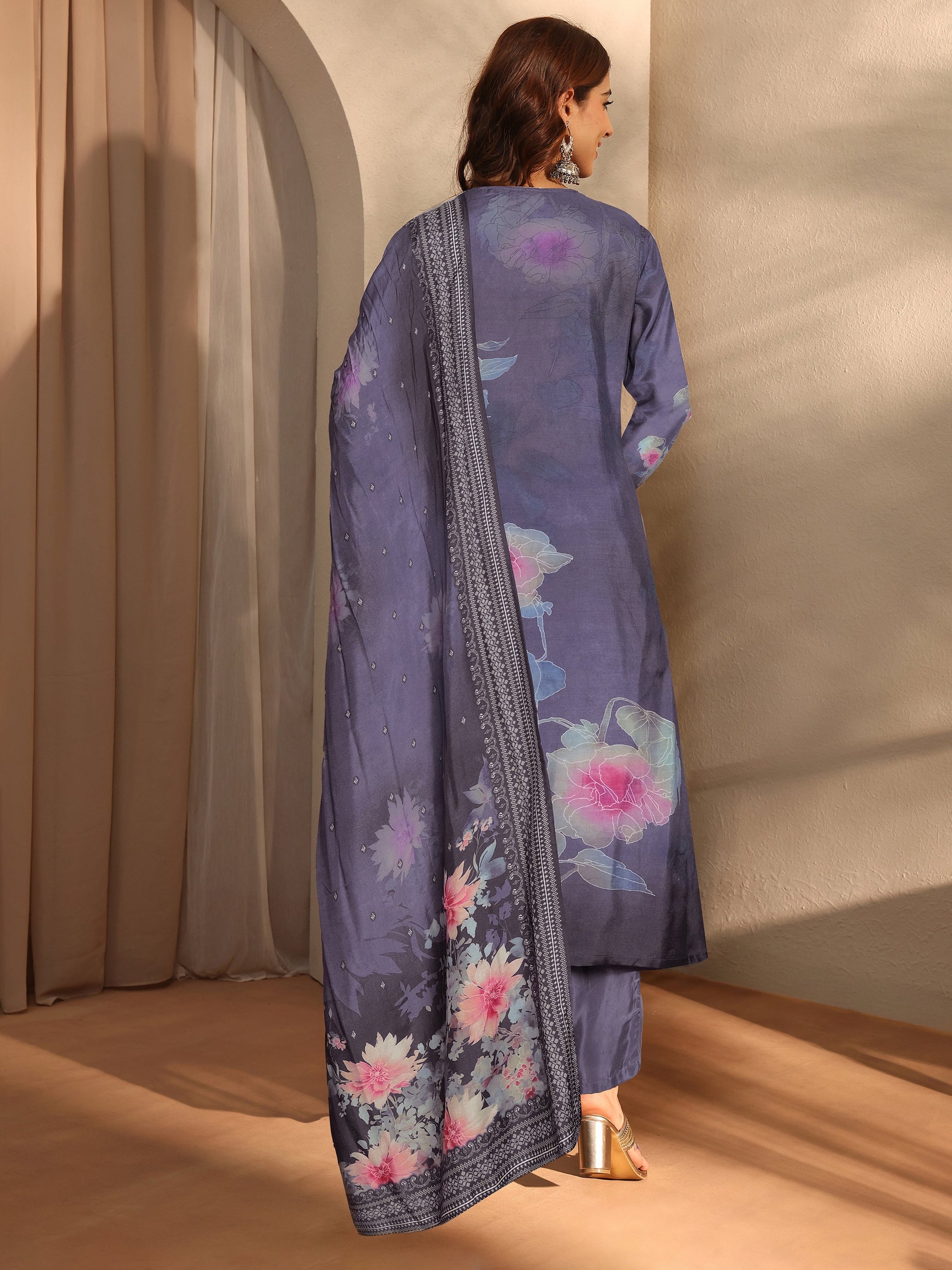 Libas Blue Printed Silk Blend Straight Suit With Dupatta