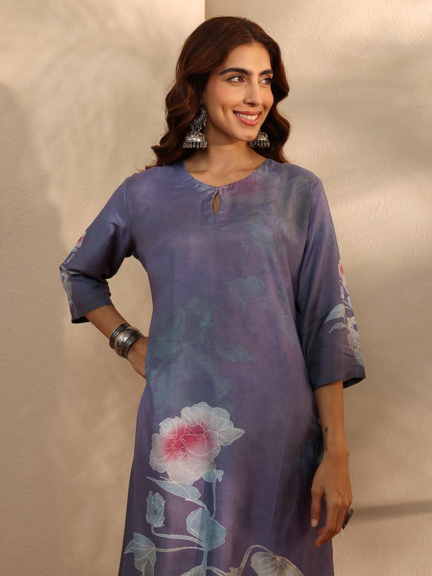 Libas Blue Printed Silk Blend Straight Suit With Dupatta