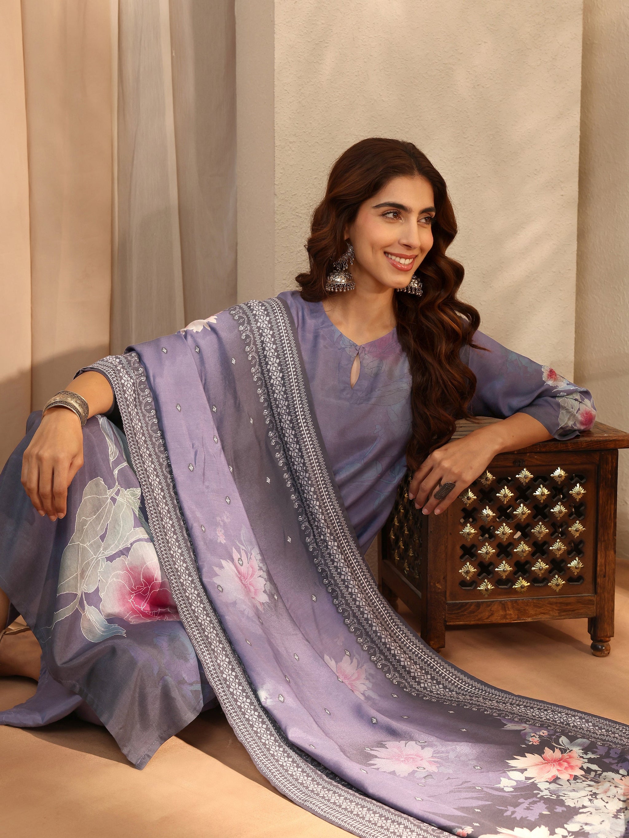 Libas Blue Printed Silk Blend Straight Suit With Dupatta