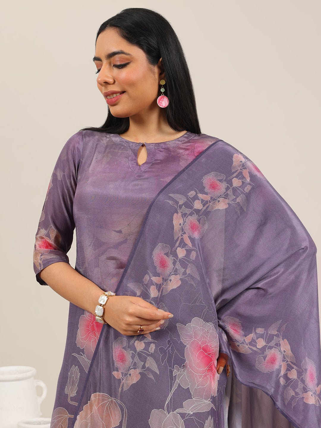 Mameraa Mauve Printed Silk Blend Straight Suit With Dupatta