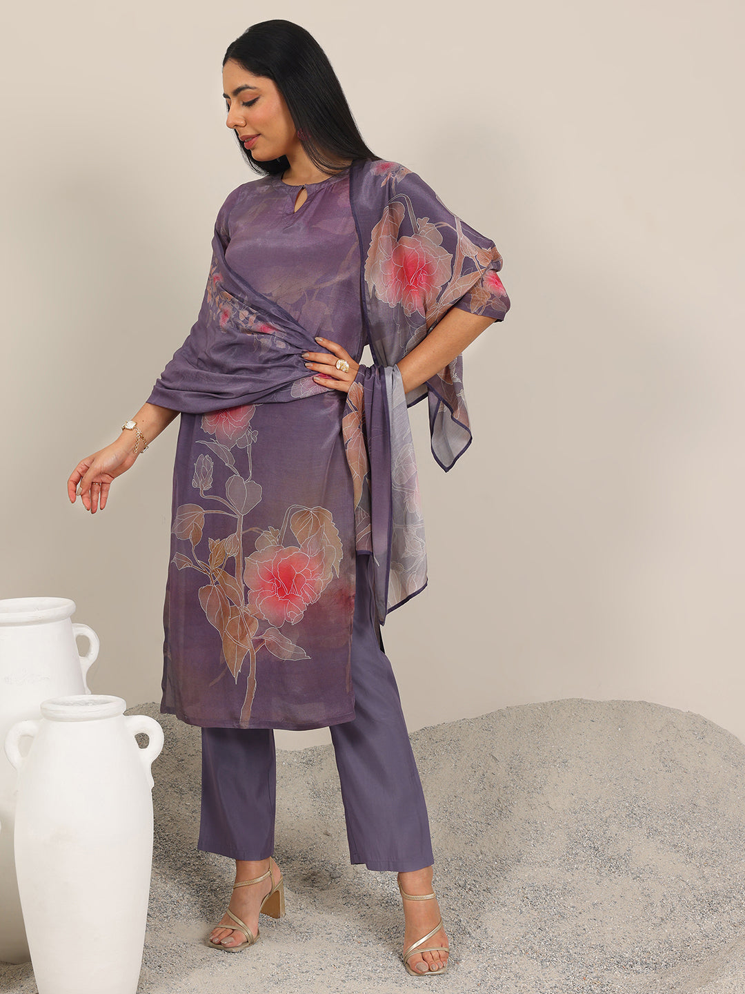 Mameraa Mauve Printed Silk Blend Straight Suit With Dupatta