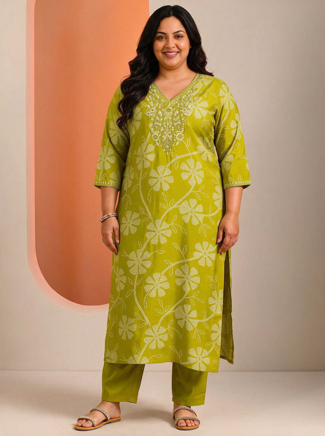 Plus Size Green Printed Silk Blend Straight Suit With Dupatta