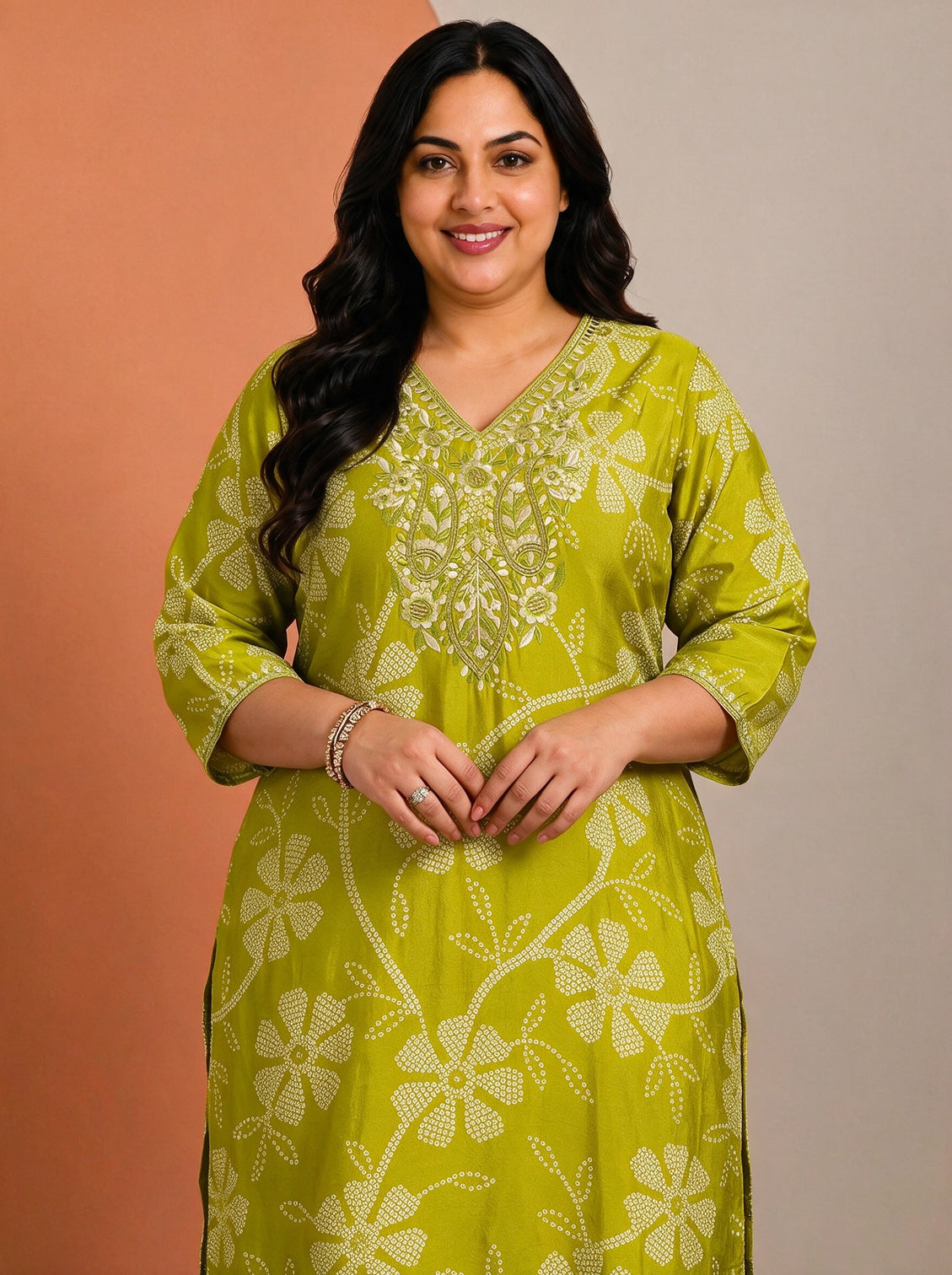 Plus Size Green Printed Silk Blend Straight Suit With Dupatta