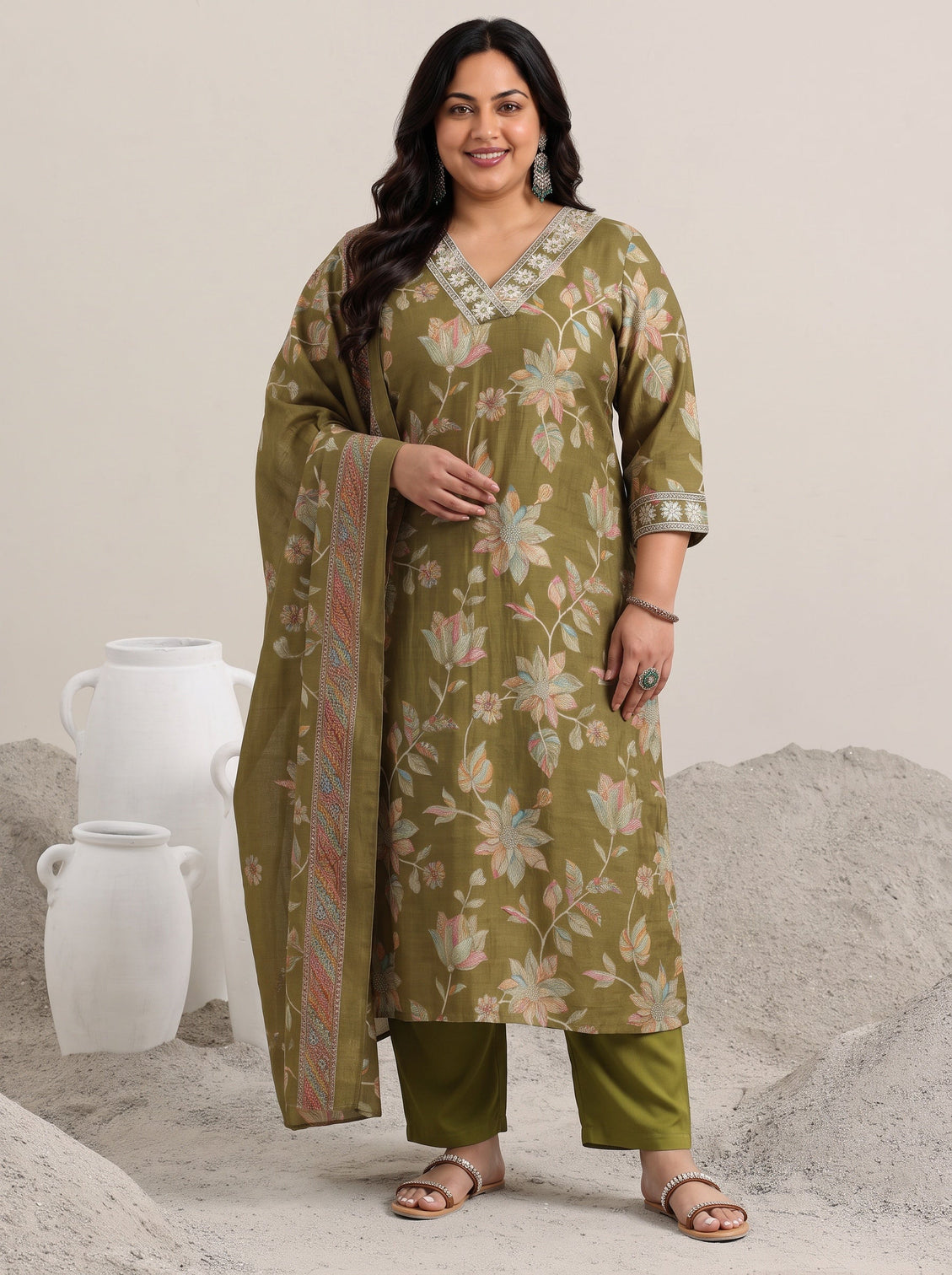 Plus Size Olive Printed Silk Blend Straight Suit With Dupatta
