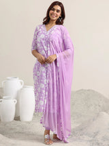 Libas Lavender Printed Cotton Straight Suit With Dupatta