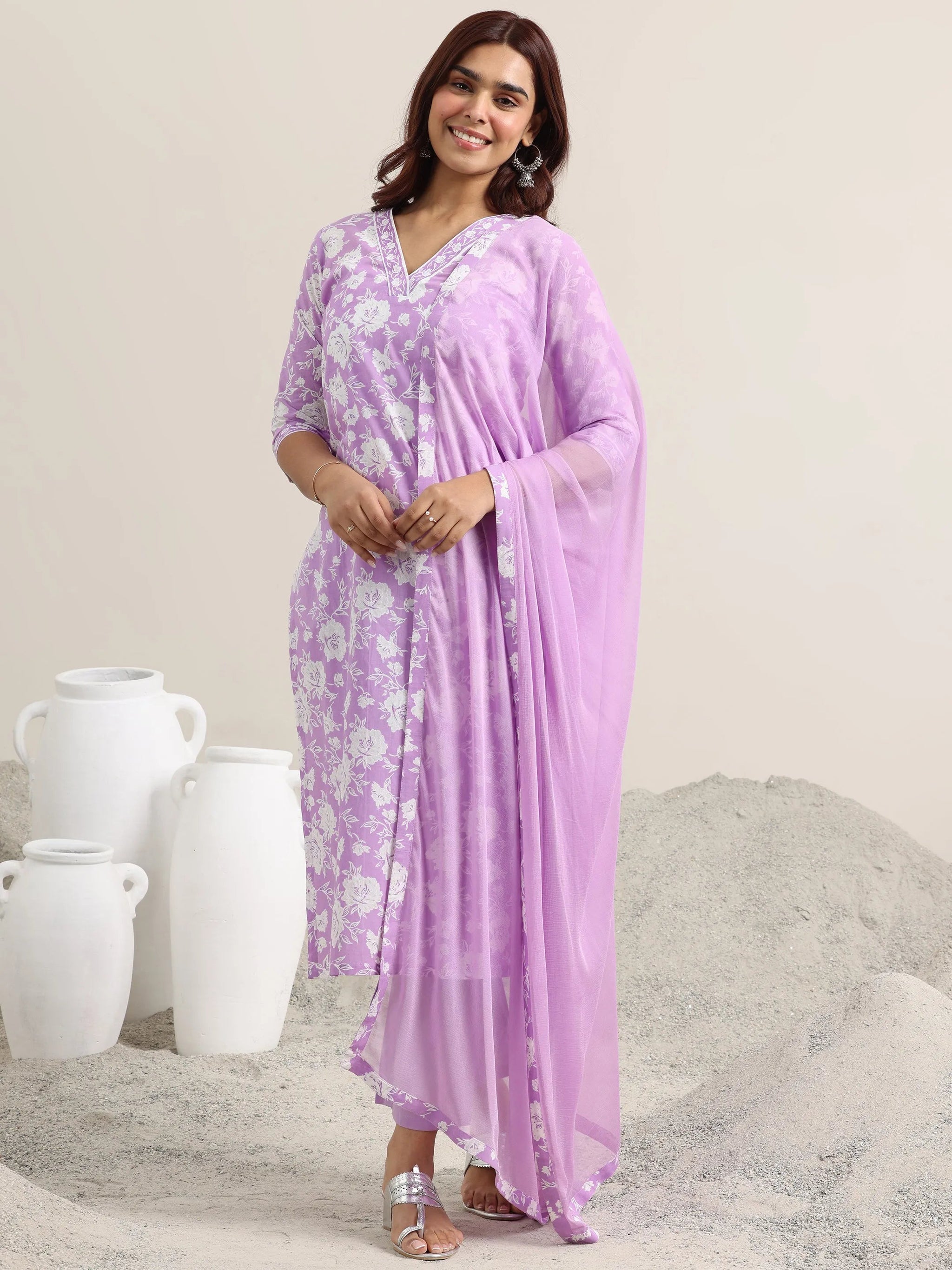Libas Lavender Printed Cotton Straight Suit With Dupatta