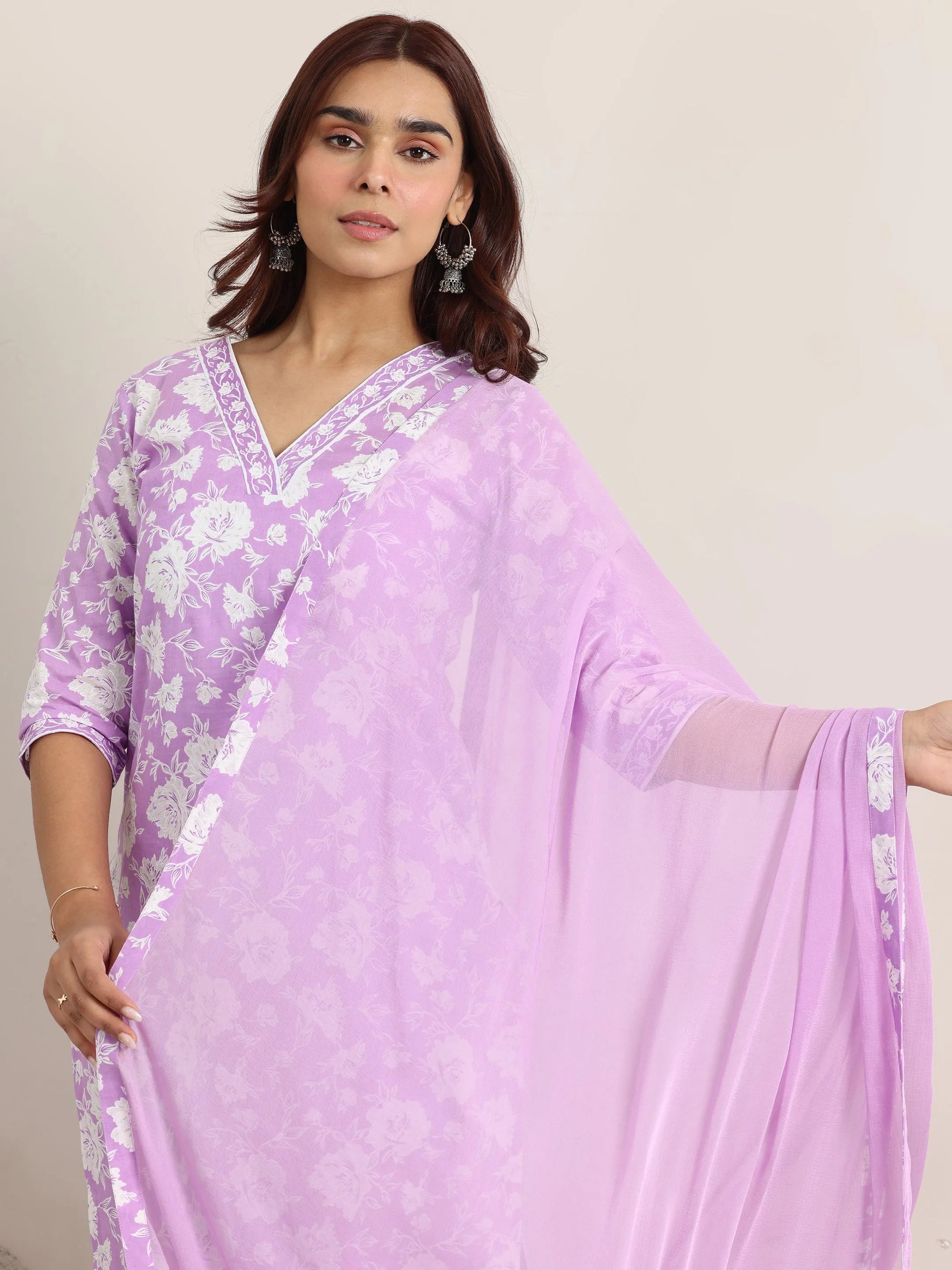 Libas Lavender Printed Cotton Straight Suit With Dupatta