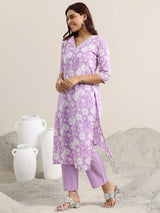 Libas Lavender Printed Cotton Straight Suit With Dupatta