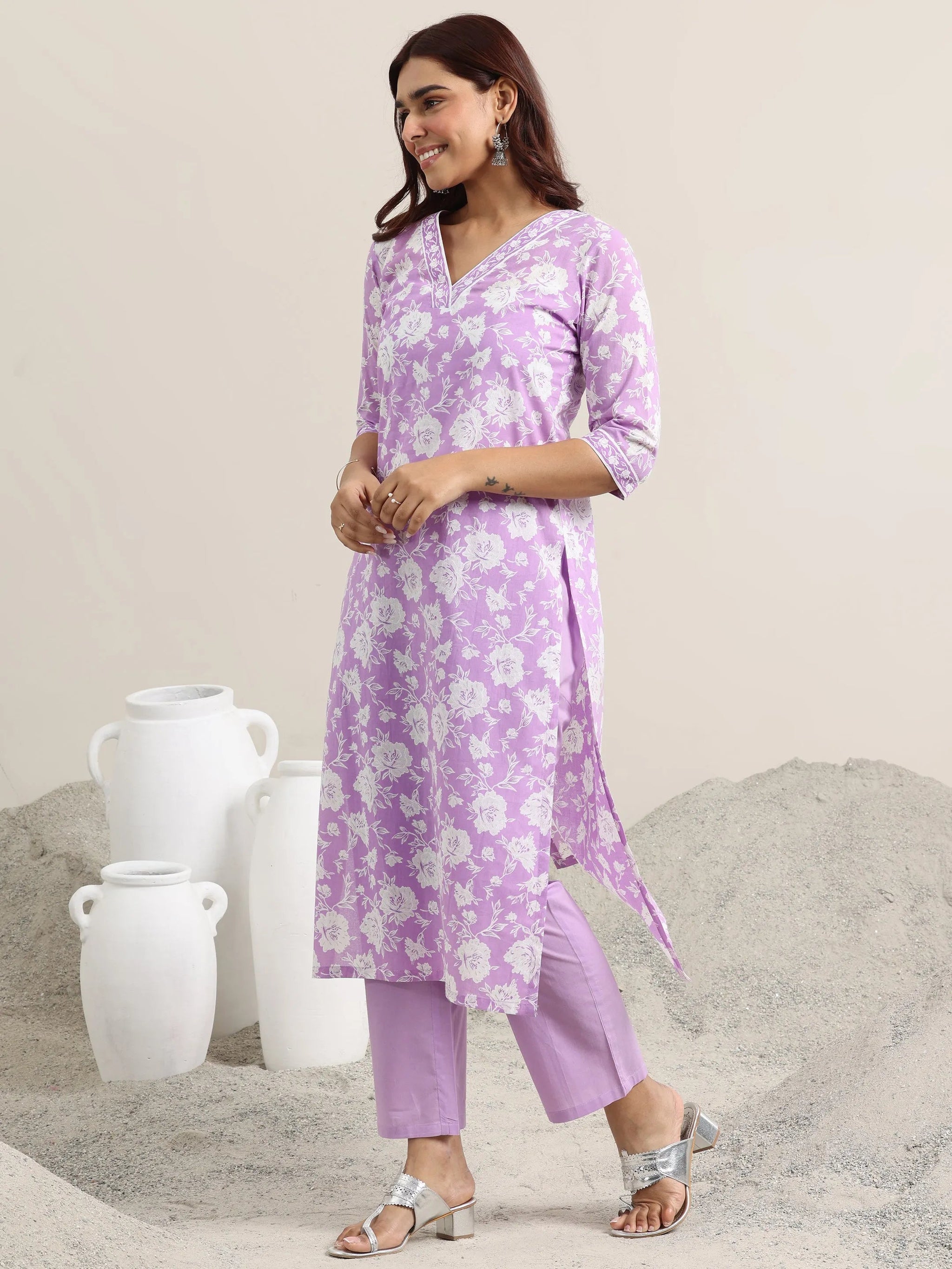 Libas Lavender Printed Cotton Straight Suit With Dupatta