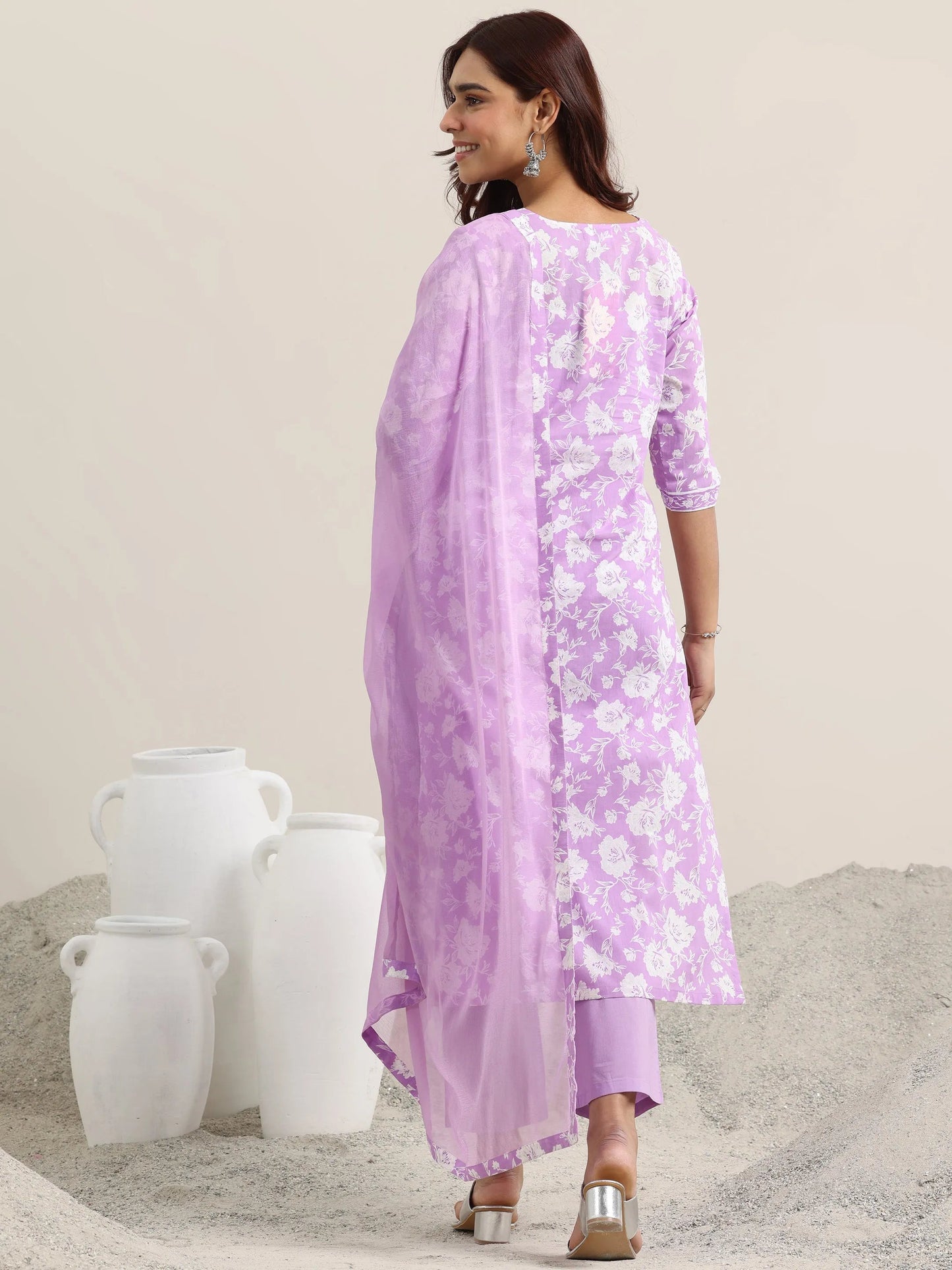 Libas Lavender Printed Cotton Straight Suit With Dupatta