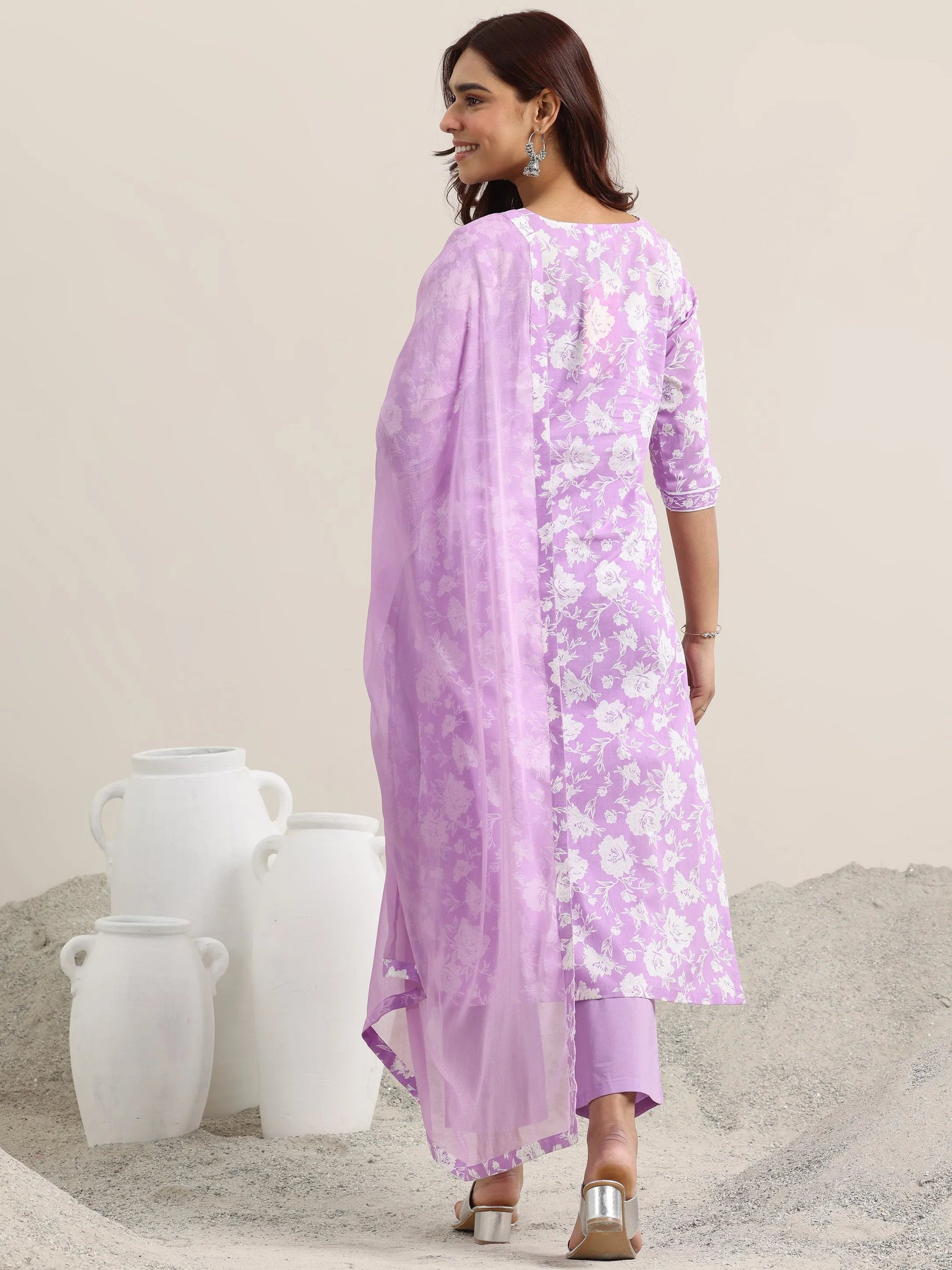 Libas Lavender Printed Cotton Straight Suit With Dupatta