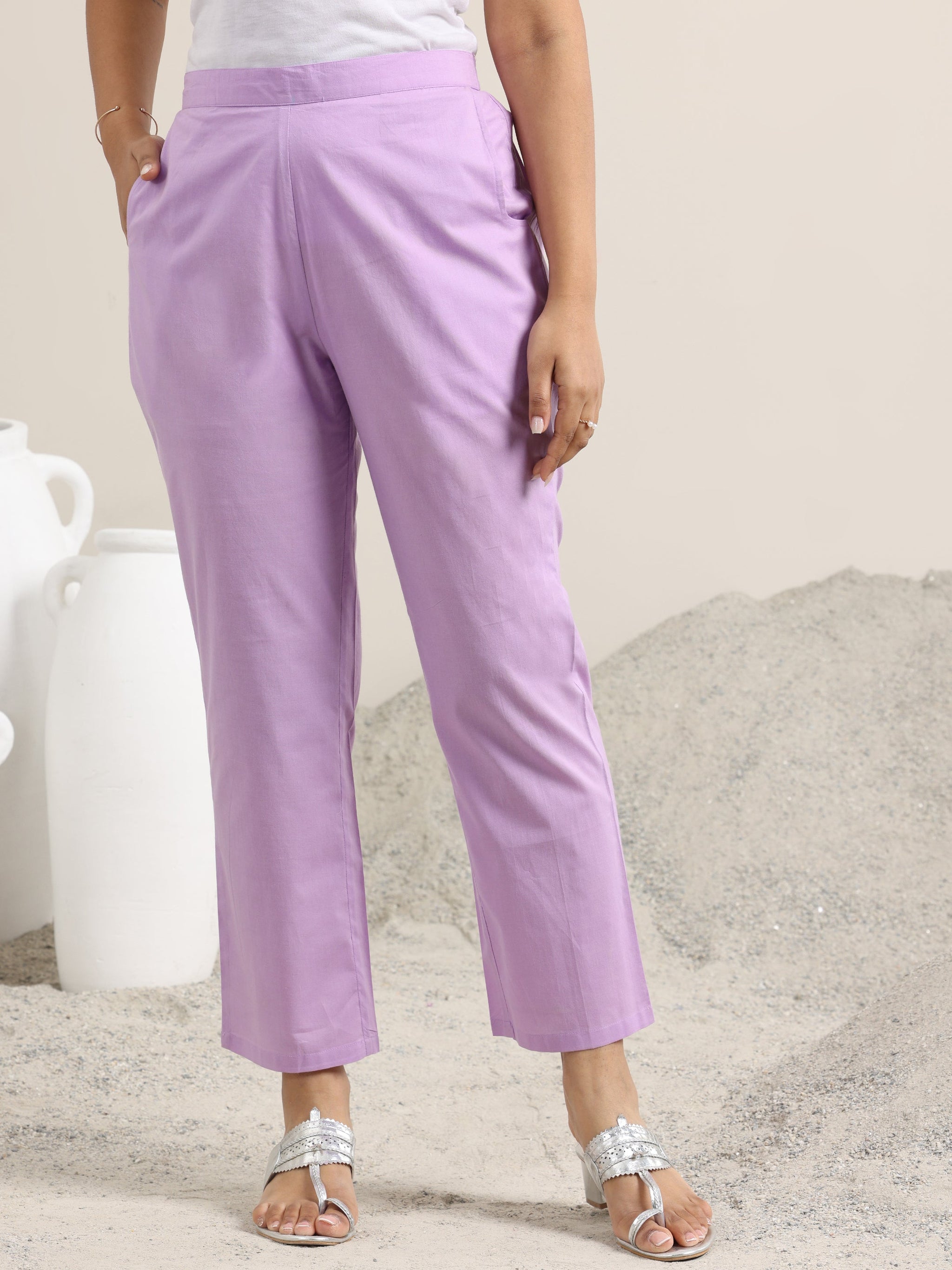 Libas Lavender Printed Cotton Straight Suit With Dupatta