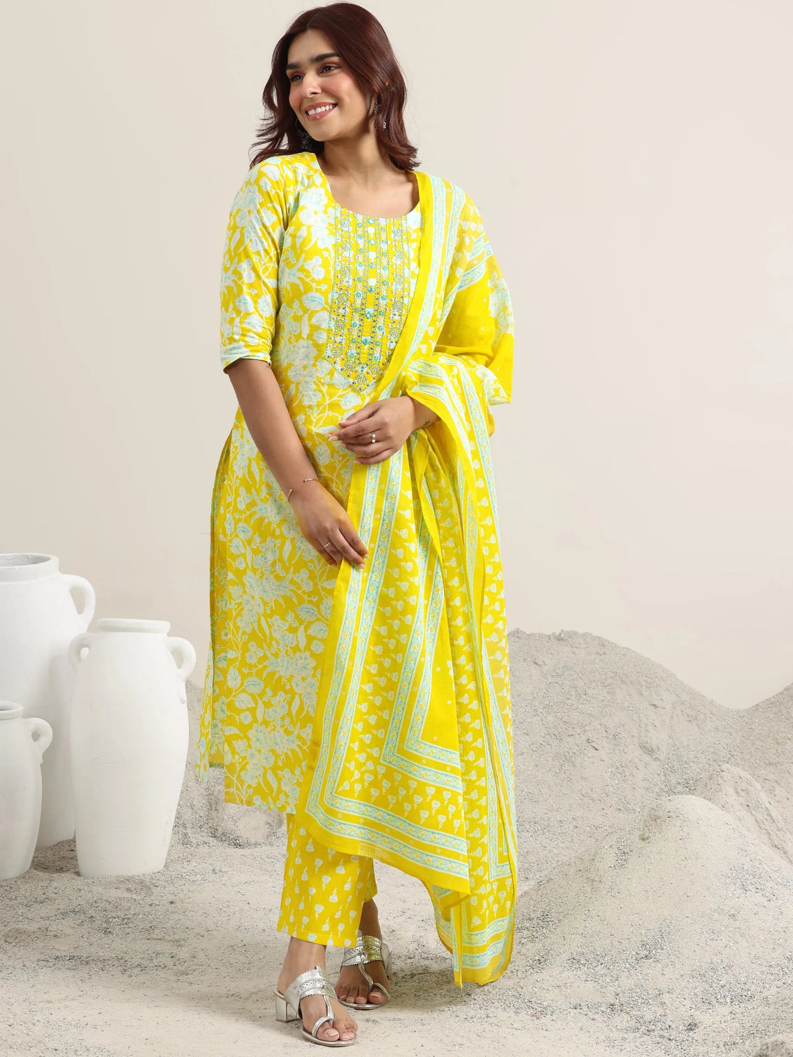 Mameraa Yellow Printed Cotton Straight Suit With Dupatta