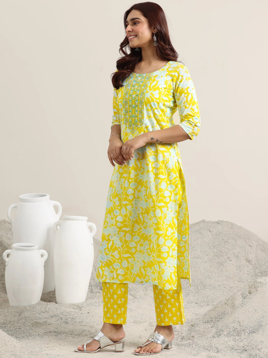 Mameraa Yellow Printed Cotton Straight Suit With Dupatta