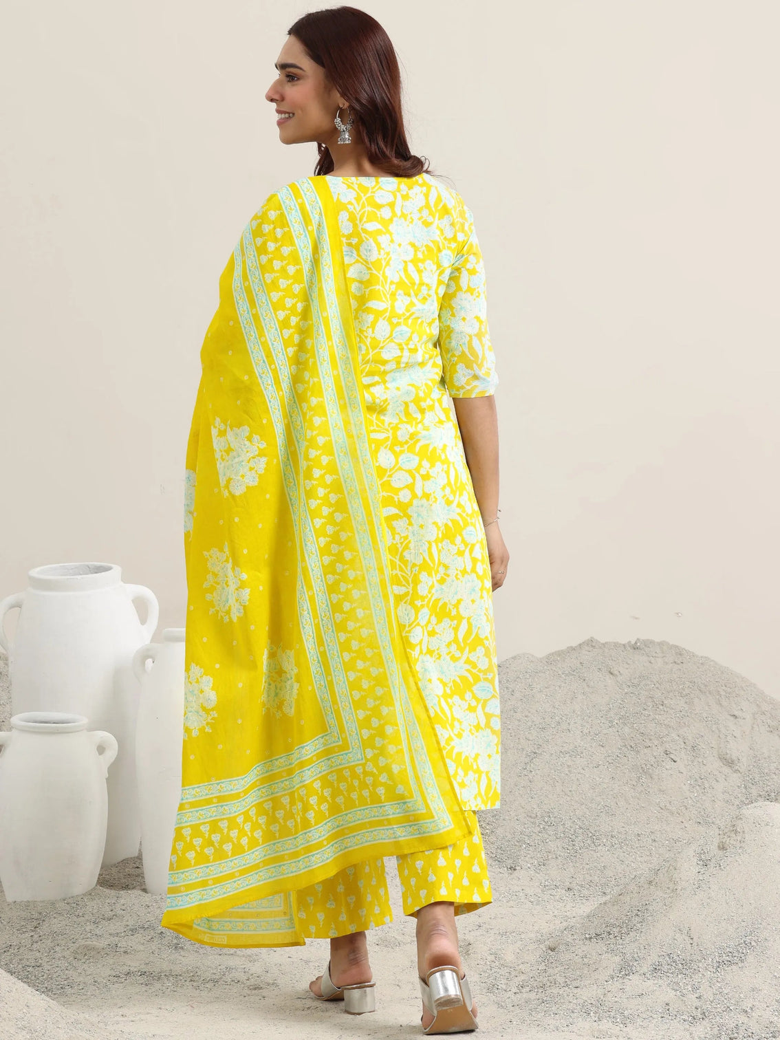 Mameraa Yellow Printed Cotton Straight Suit With Dupatta