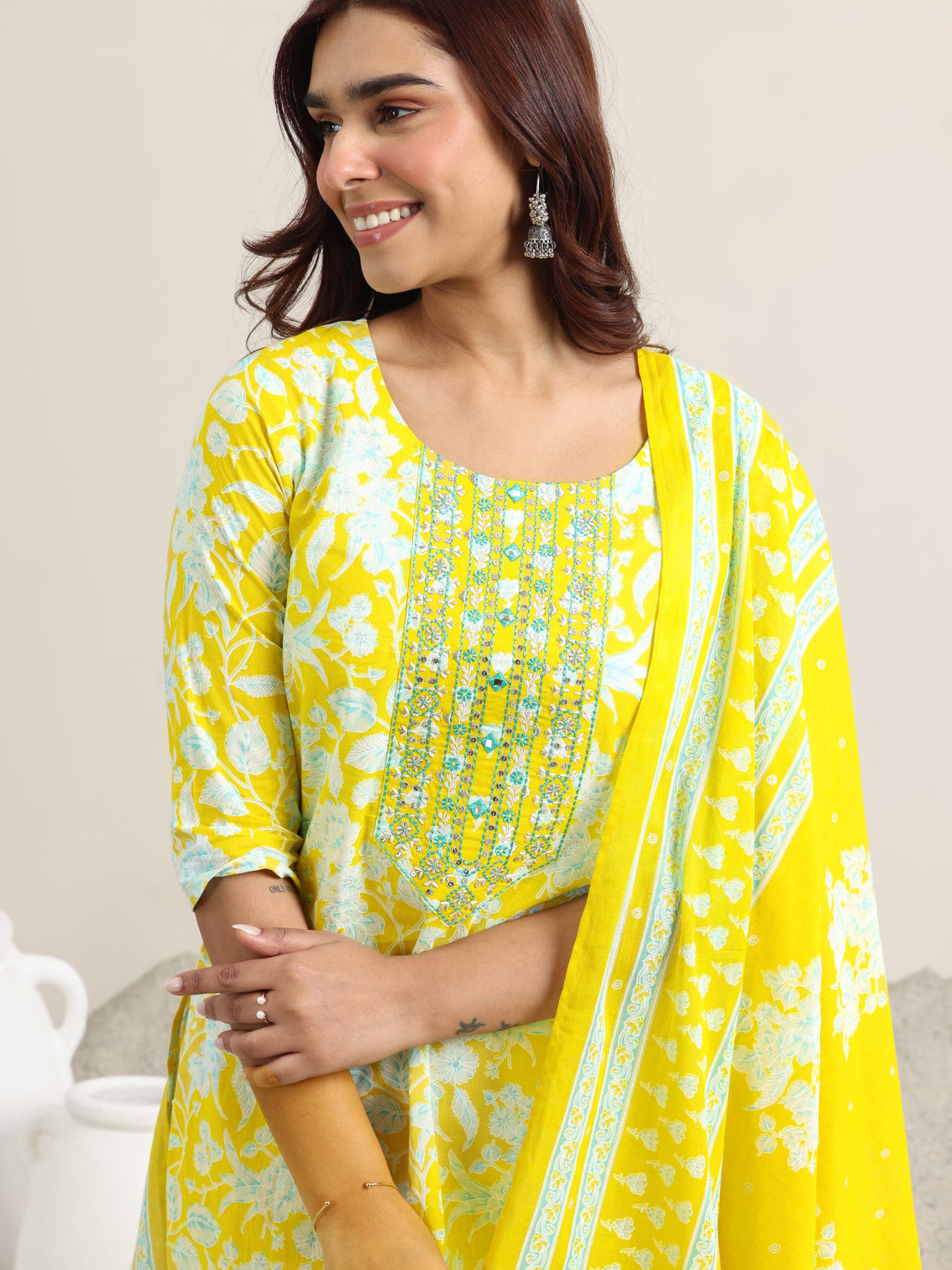 Mameraa Yellow Printed Cotton Straight Suit With Dupatta
