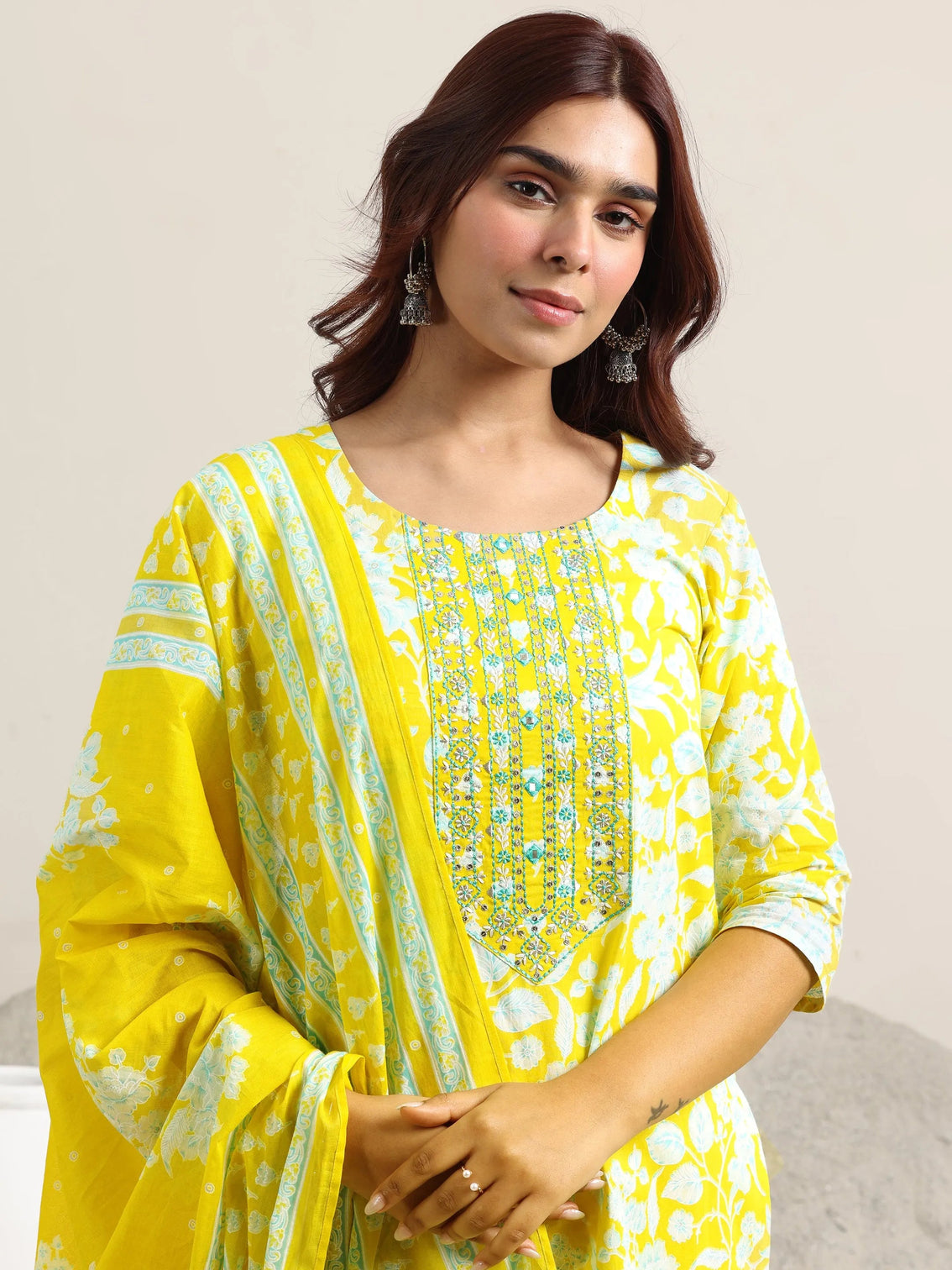 Mameraa Yellow Printed Cotton Straight Suit With Dupatta