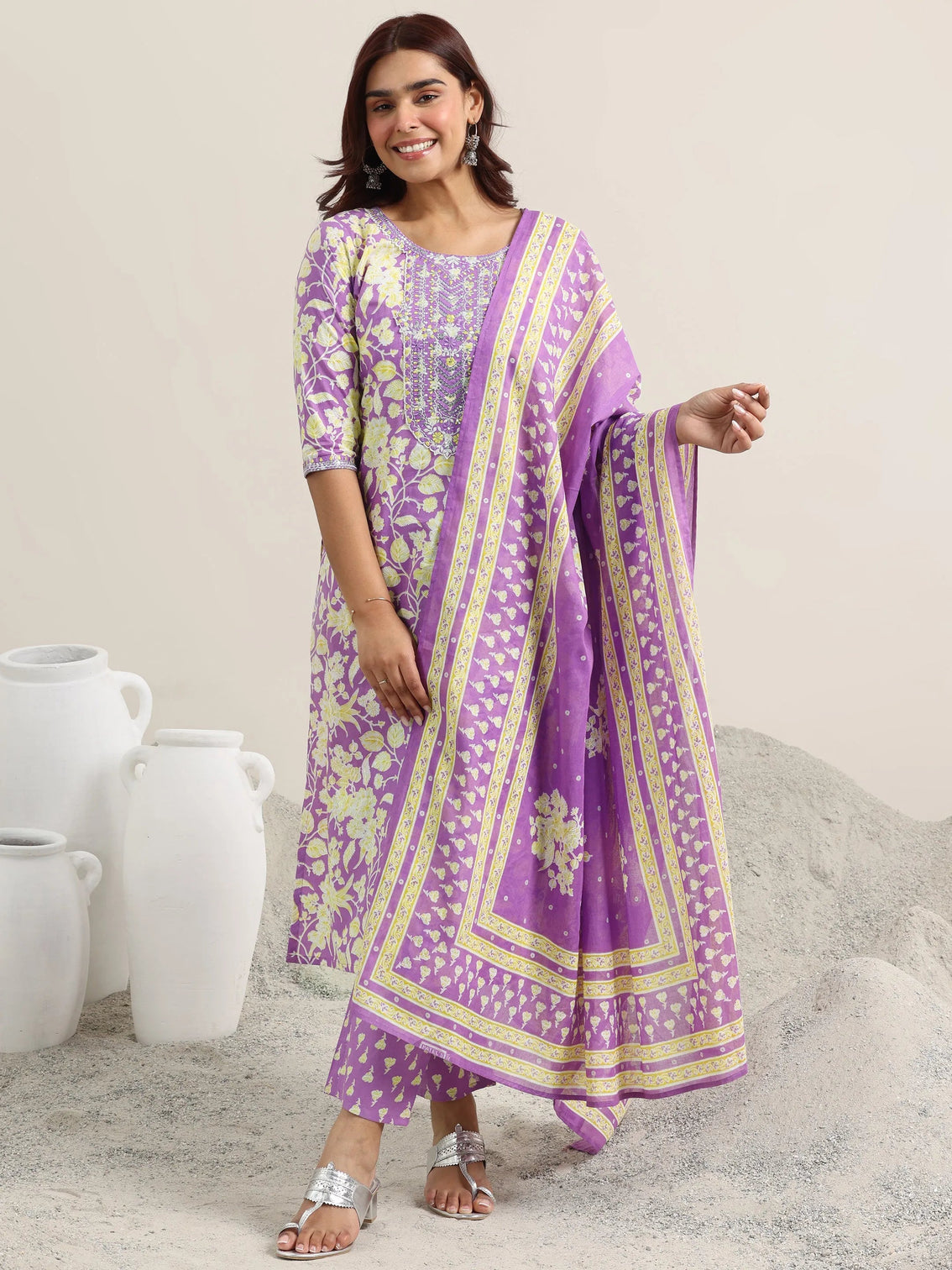 Mameraa Lavender Printed Cotton Straight Suit With Dupatta