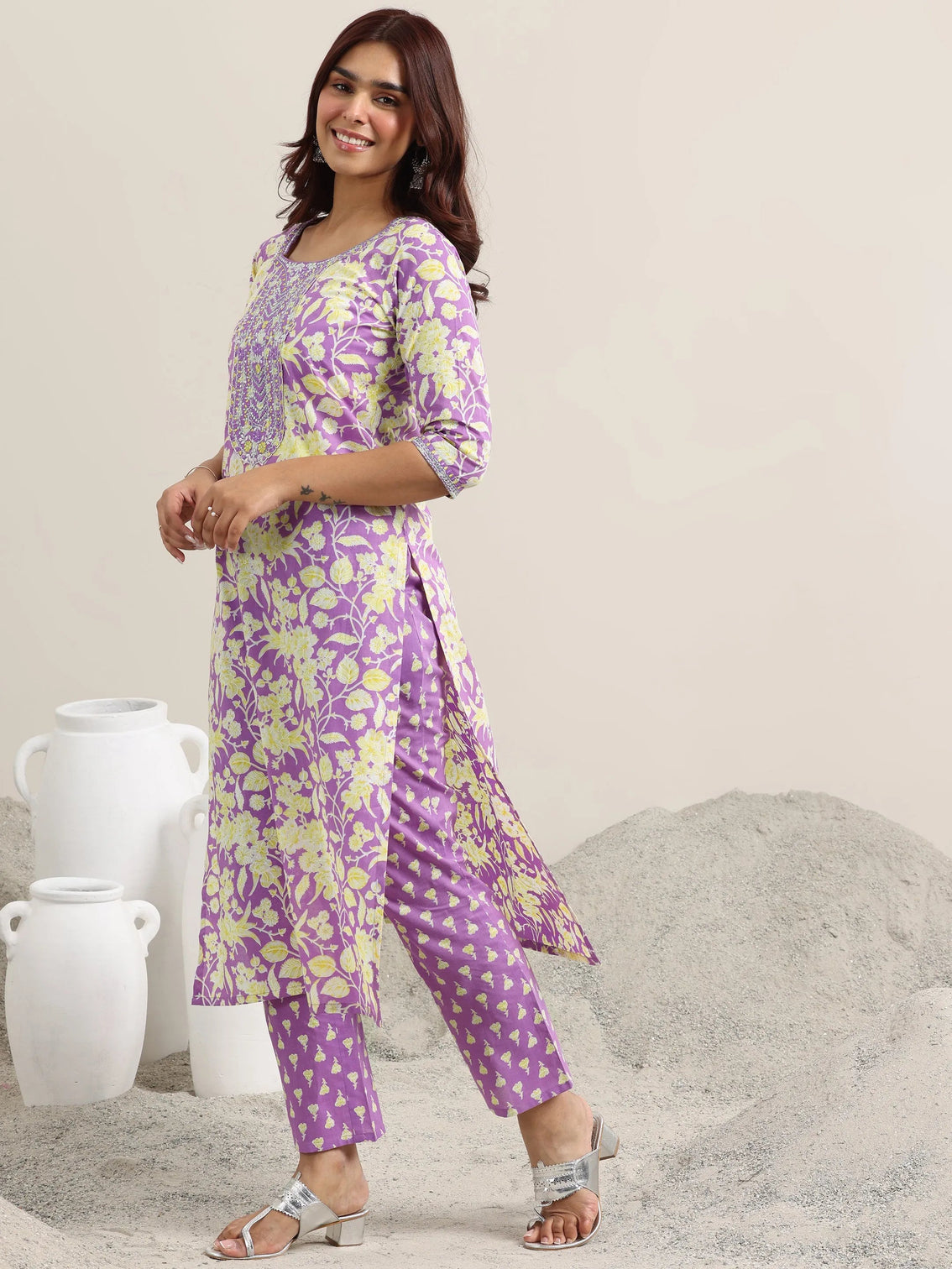 Mameraa Lavender Printed Cotton Straight Suit With Dupatta