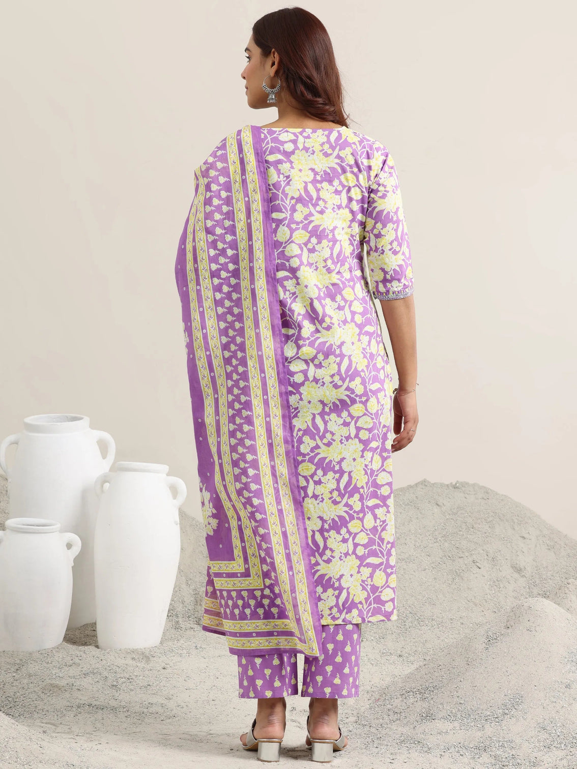 Mameraa Lavender Printed Cotton Straight Suit With Dupatta