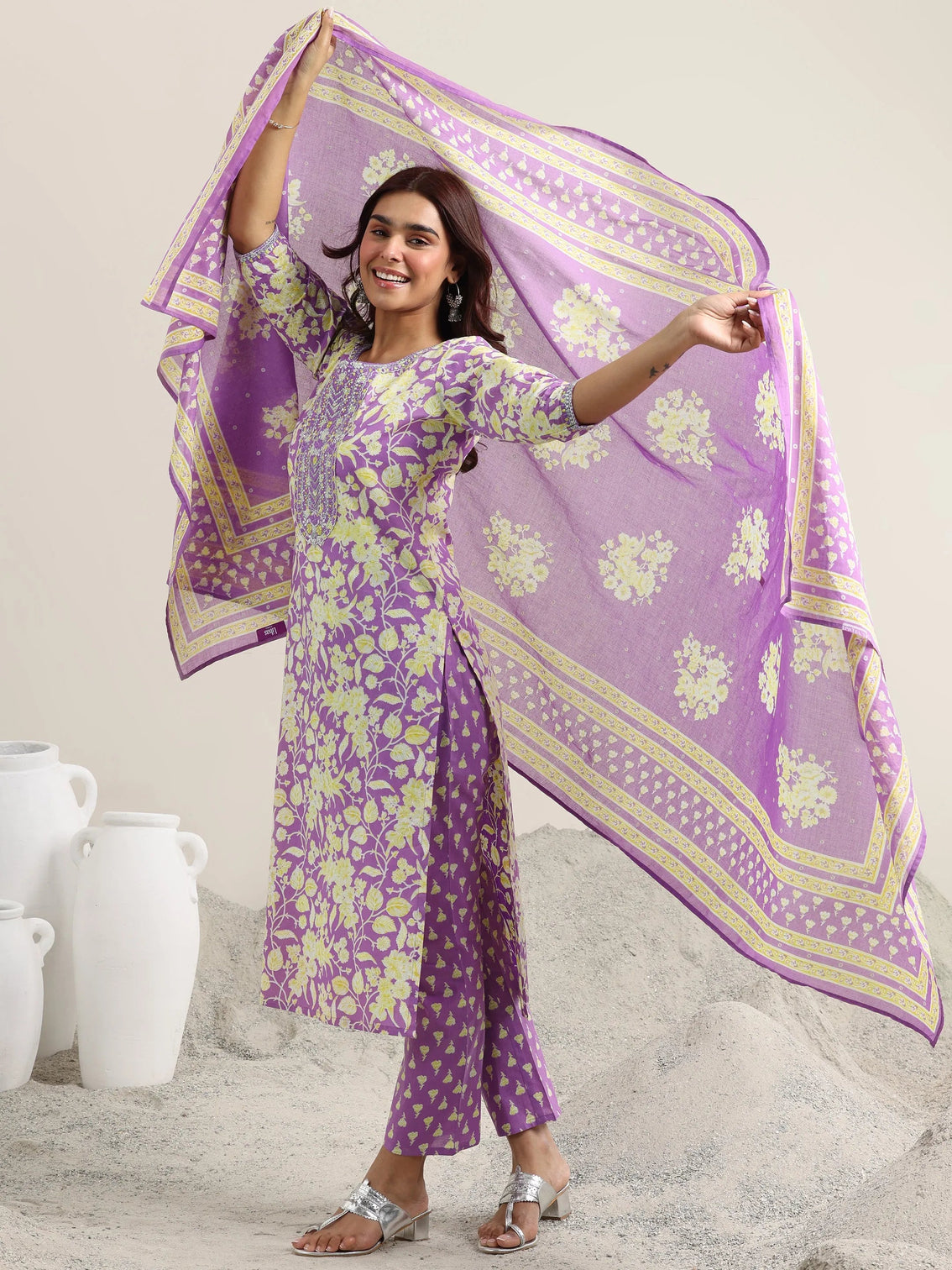 Mameraa Lavender Printed Cotton Straight Suit With Dupatta