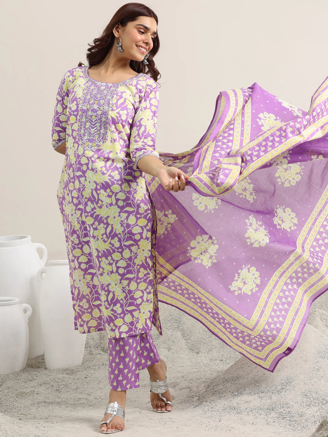 Mameraa Lavender Printed Cotton Straight Suit With Dupatta