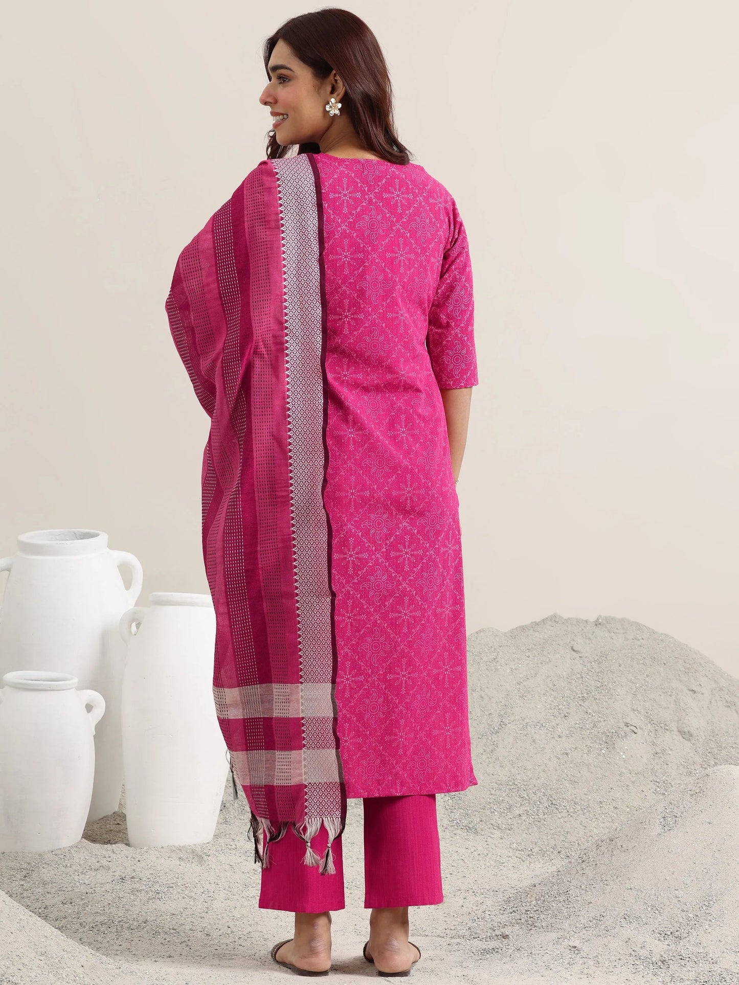 Libas Pink Printed Cotton Straight Suit With Dupatta