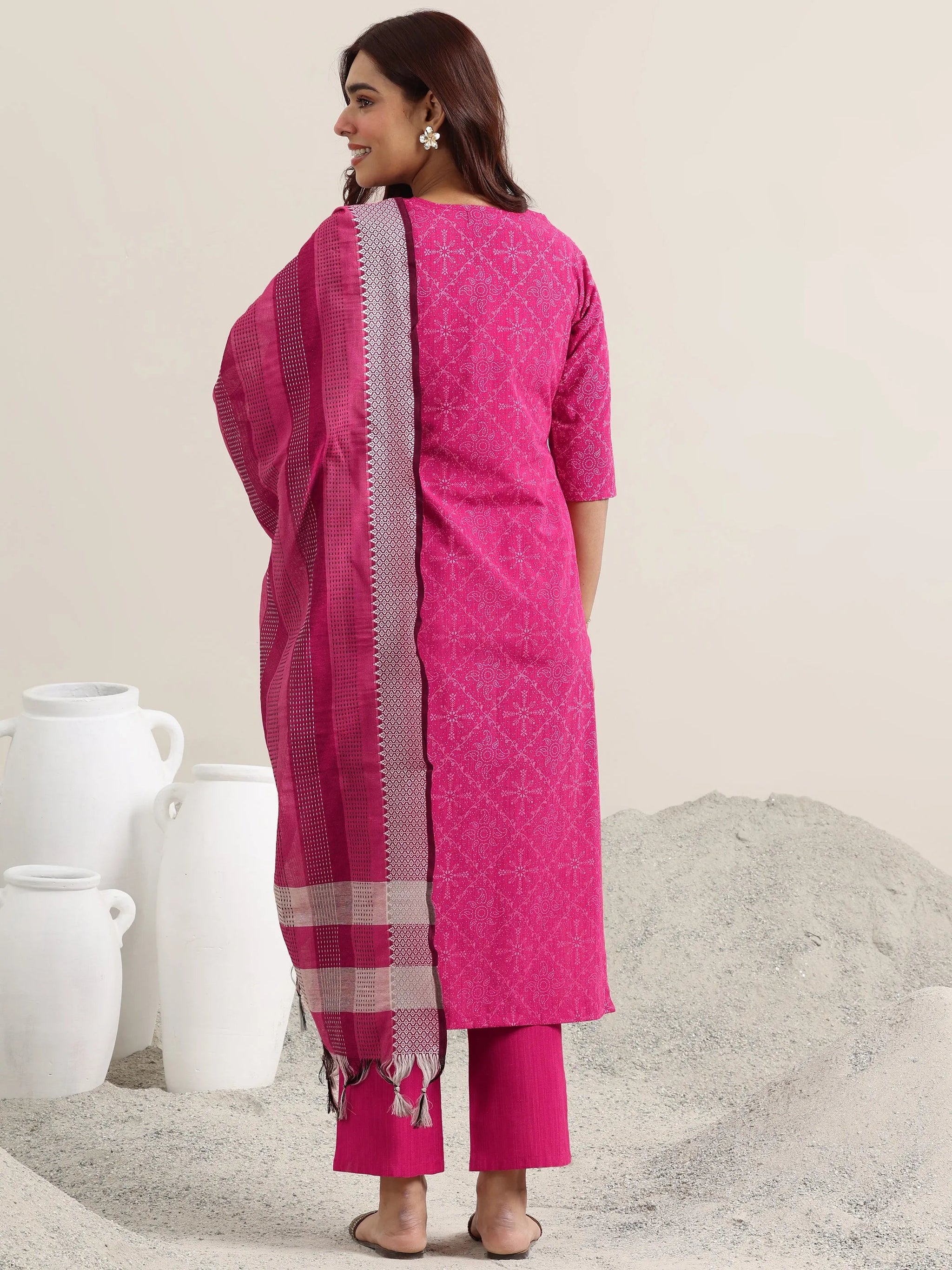 Libas Pink Printed Cotton Straight Suit With Dupatta
