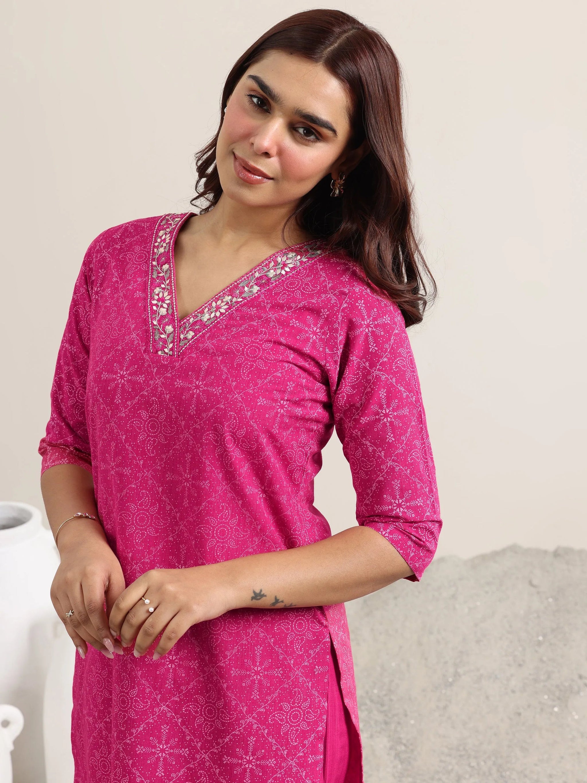 Libas Pink Printed Cotton Straight Suit With Dupatta
