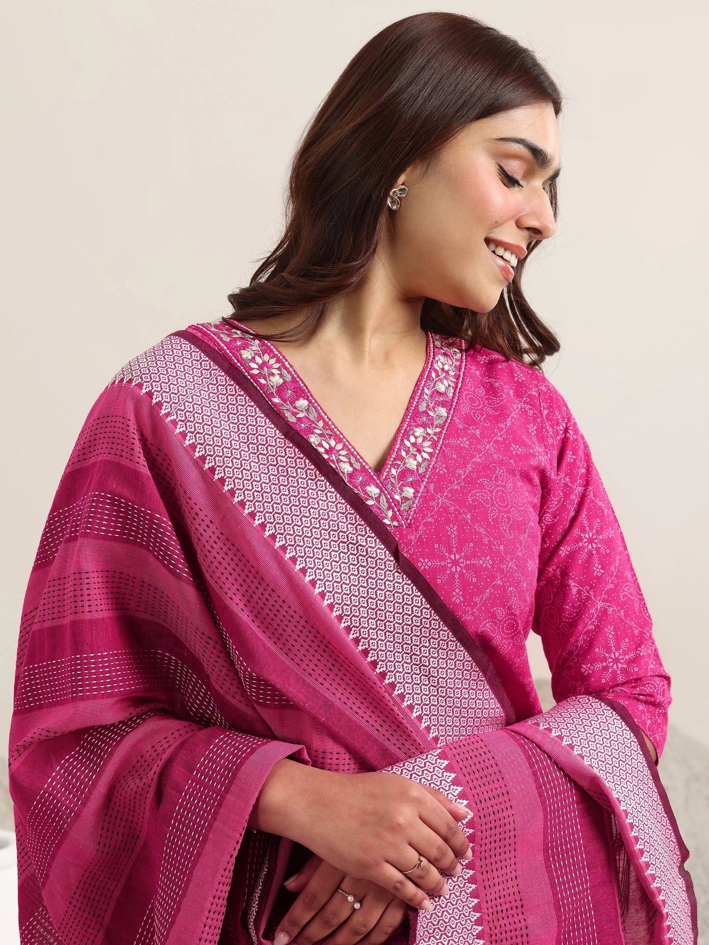 Libas Pink Printed Cotton Straight Suit With Dupatta