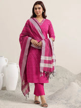 Libas Pink Printed Cotton Straight Suit With Dupatta