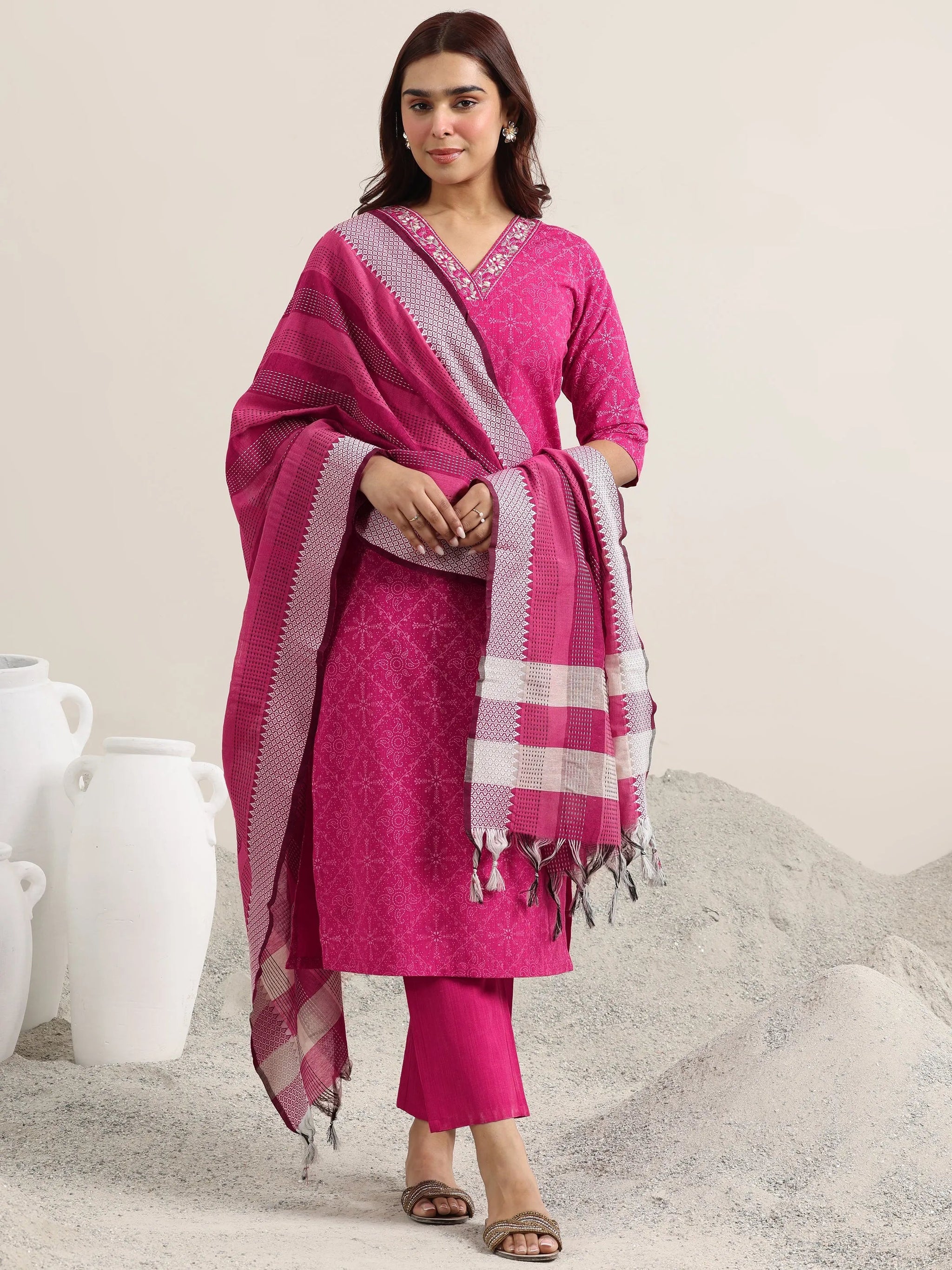 Libas Pink Printed Cotton Straight Suit With Dupatta