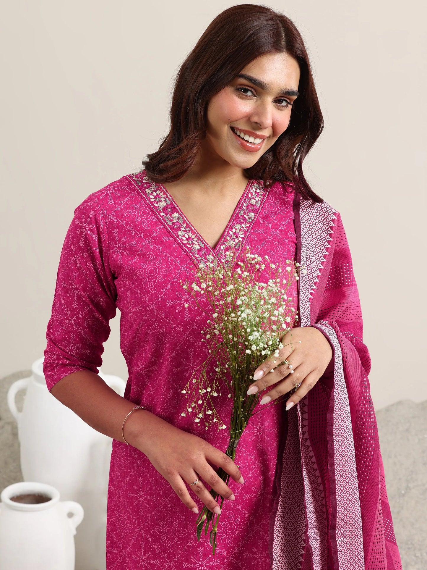 Libas Pink Printed Cotton Straight Suit With Dupatta