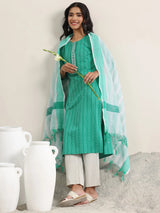 Libas Teal Woven Design Cotton Straight Suit With Dupatta