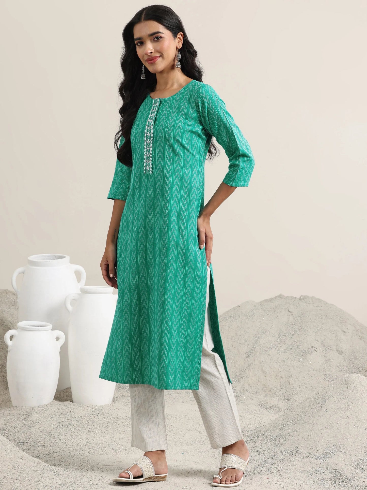 Libas Teal Woven Design Cotton Straight Suit With Dupatta