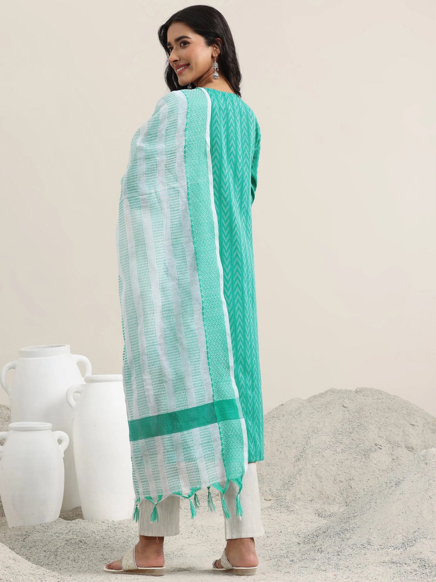 Libas Teal Woven Design Cotton Straight Suit With Dupatta