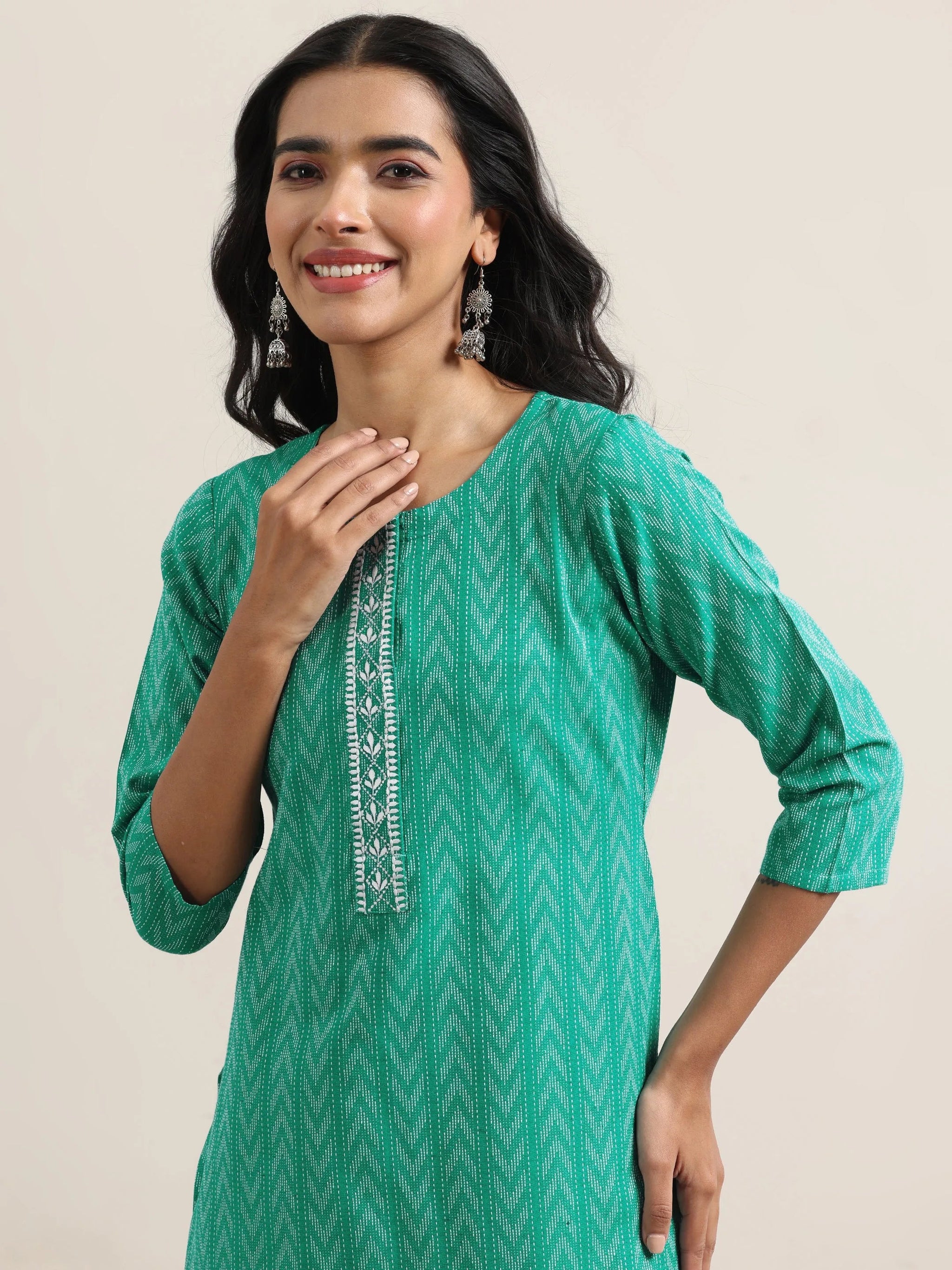 Libas Teal Woven Design Cotton Straight Suit With Dupatta