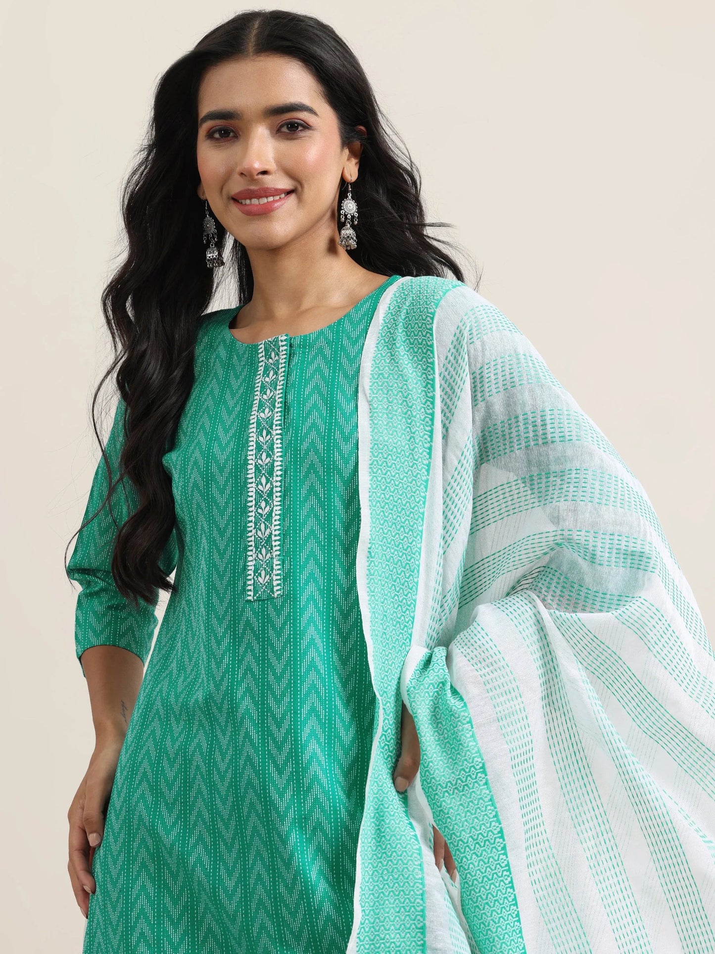 Libas Teal Woven Design Cotton Straight Suit With Dupatta