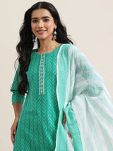 Libas Teal Woven Design Cotton Straight Suit With Dupatta