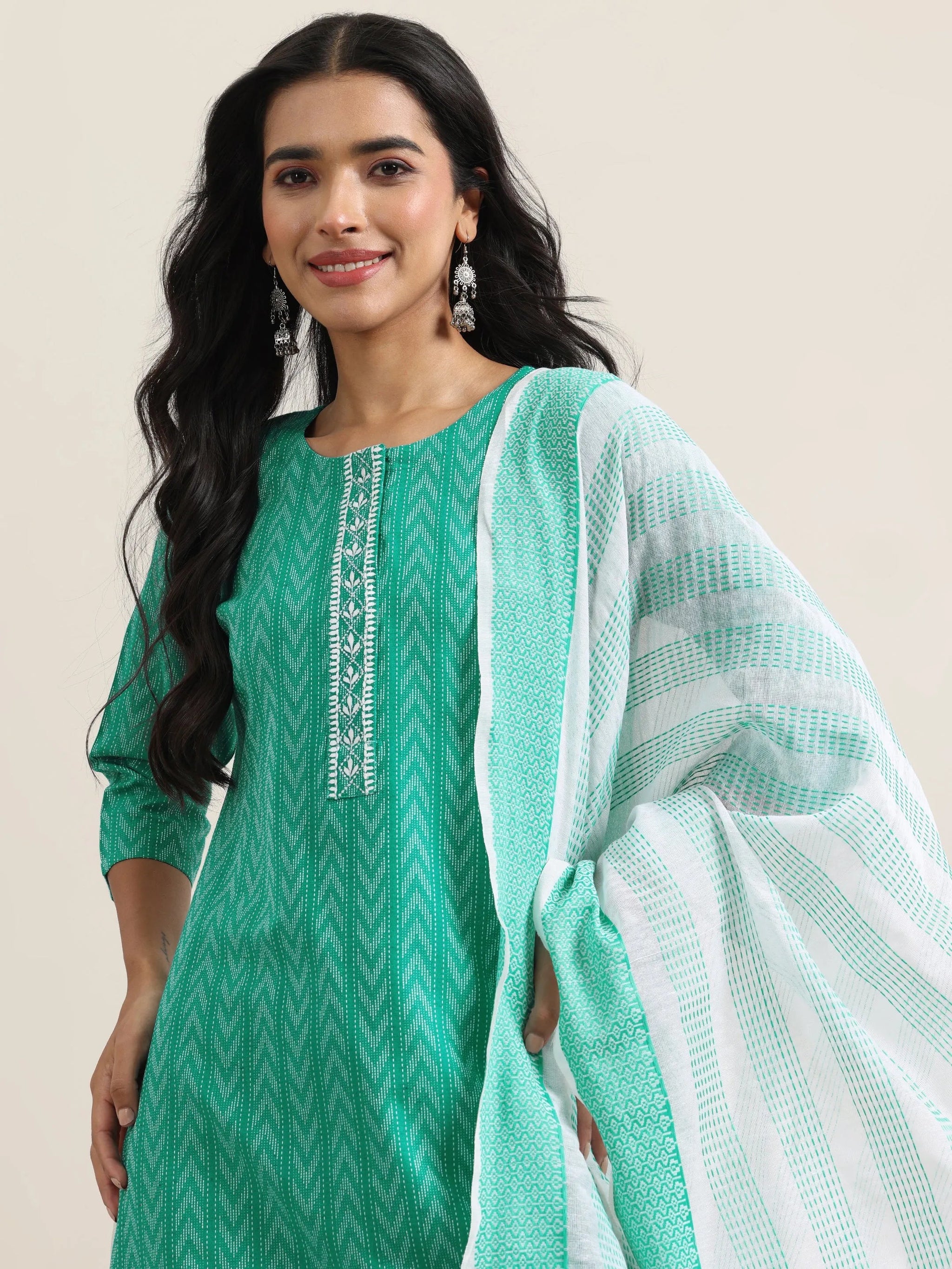 Libas Teal Woven Design Cotton Straight Suit With Dupatta