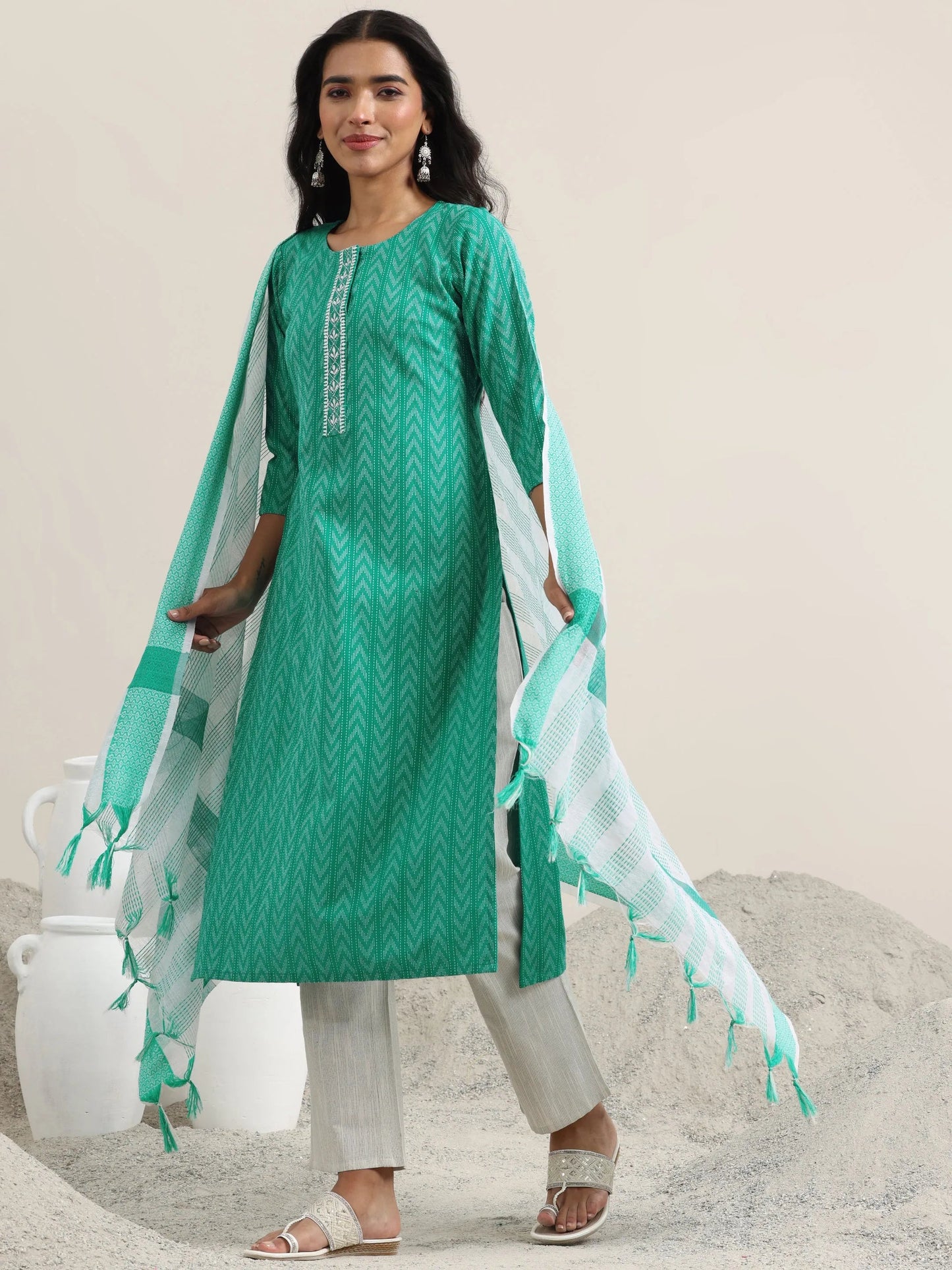 Libas Teal Woven Design Cotton Straight Suit With Dupatta