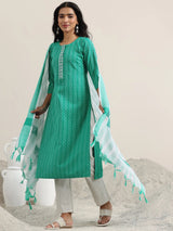 Libas Teal Woven Design Cotton Straight Suit With Dupatta
