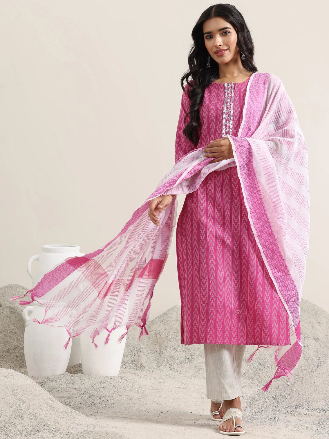 Mameraa Pink Woven Design Cotton Straight Suit With Dupatta