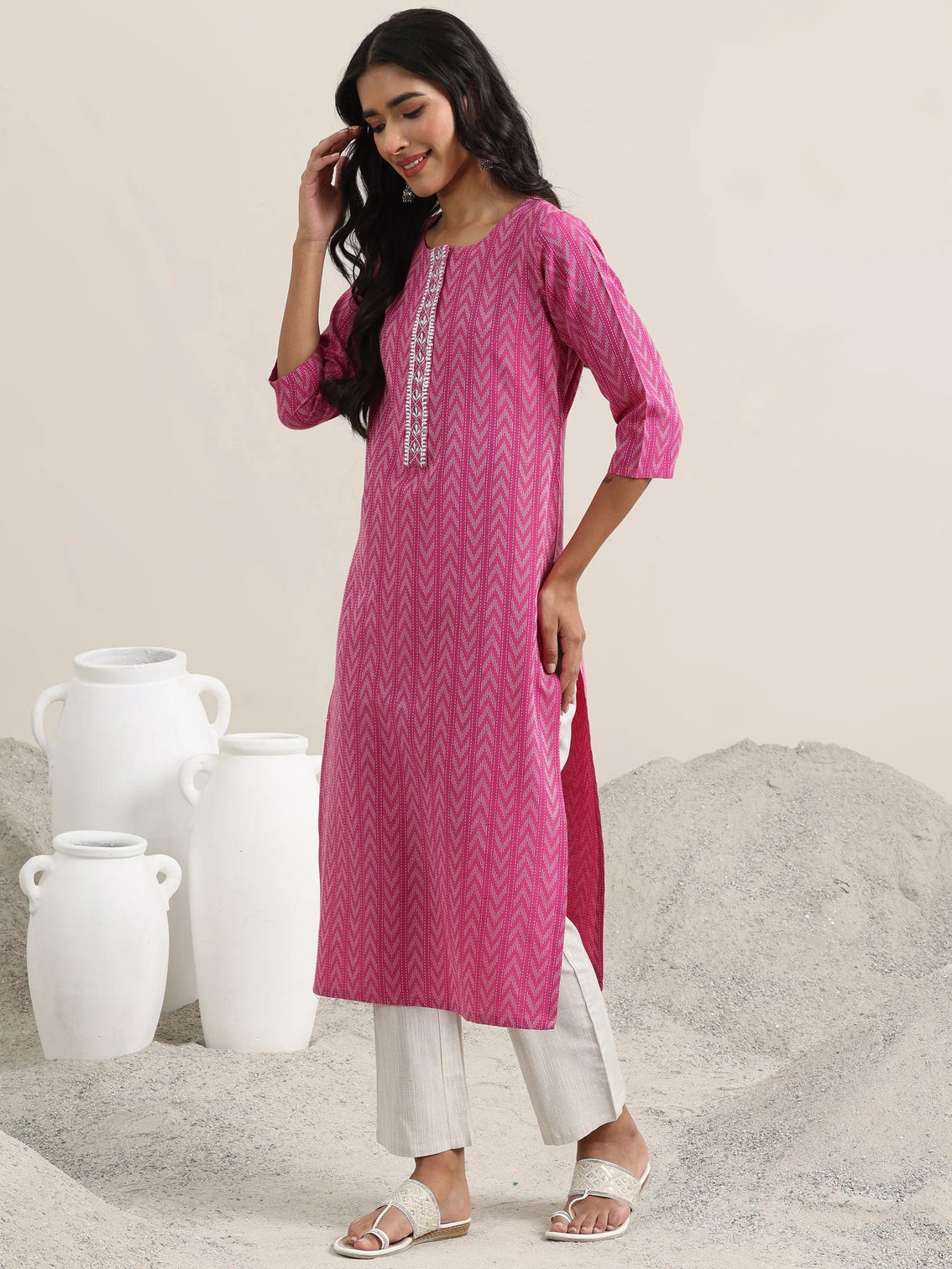 Mameraa Pink Woven Design Cotton Straight Suit With Dupatta