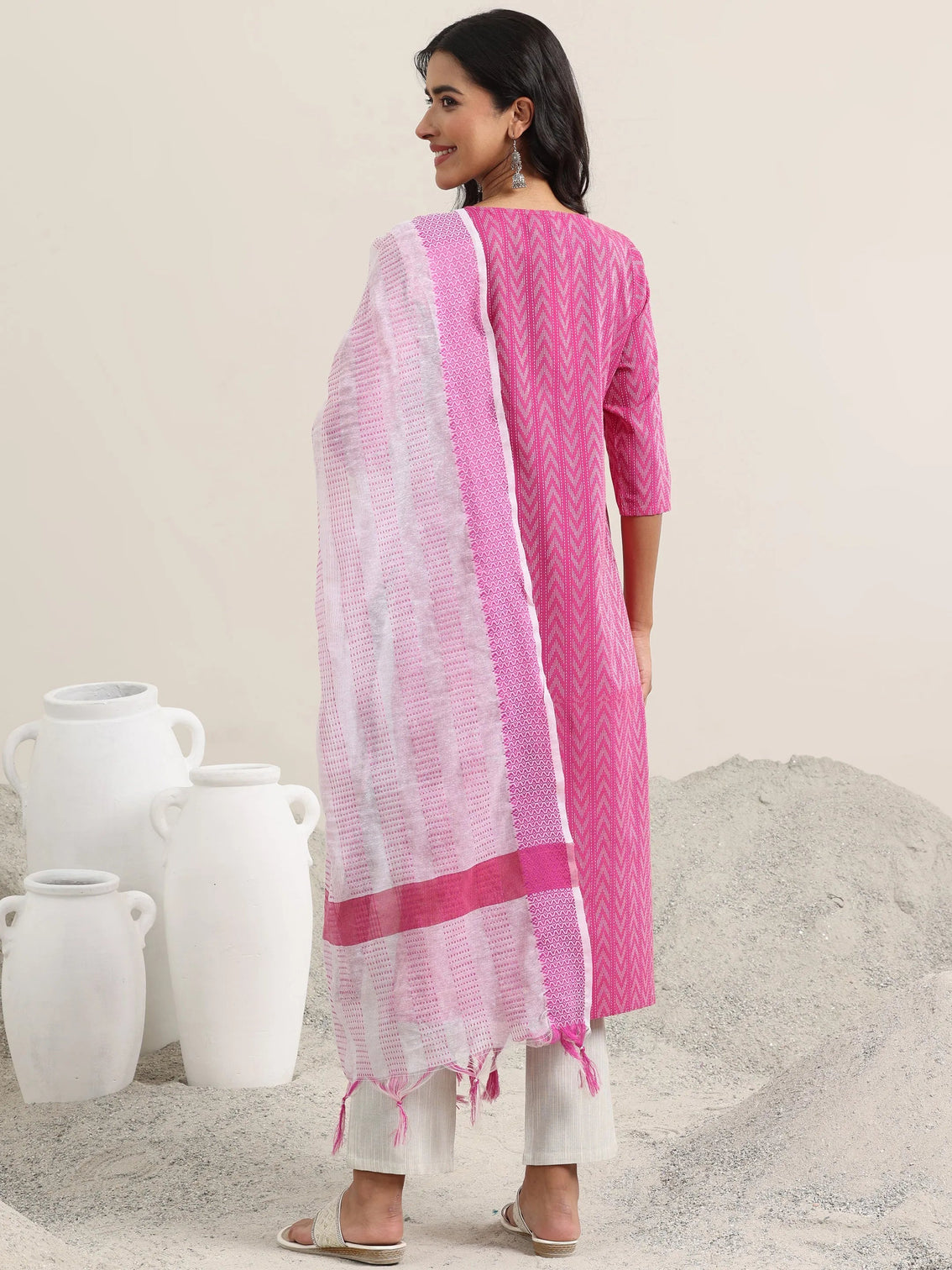Mameraa Pink Woven Design Cotton Straight Suit With Dupatta