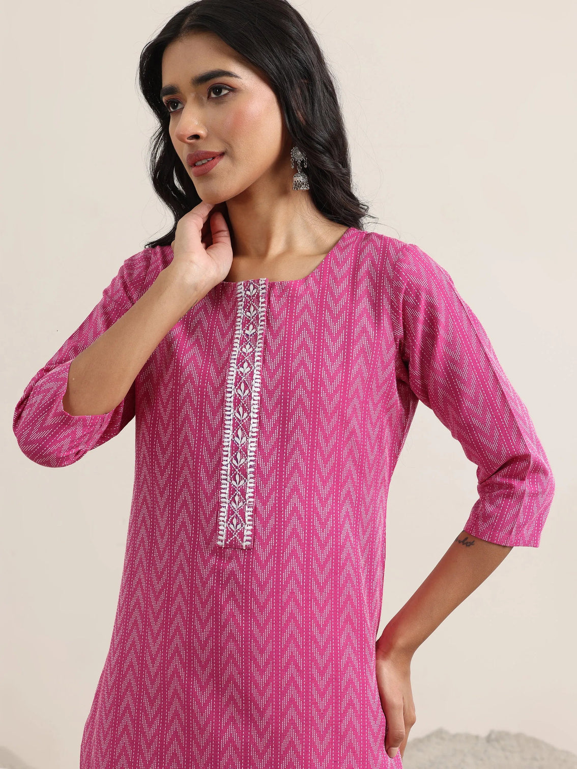 Mameraa Pink Woven Design Cotton Straight Suit With Dupatta