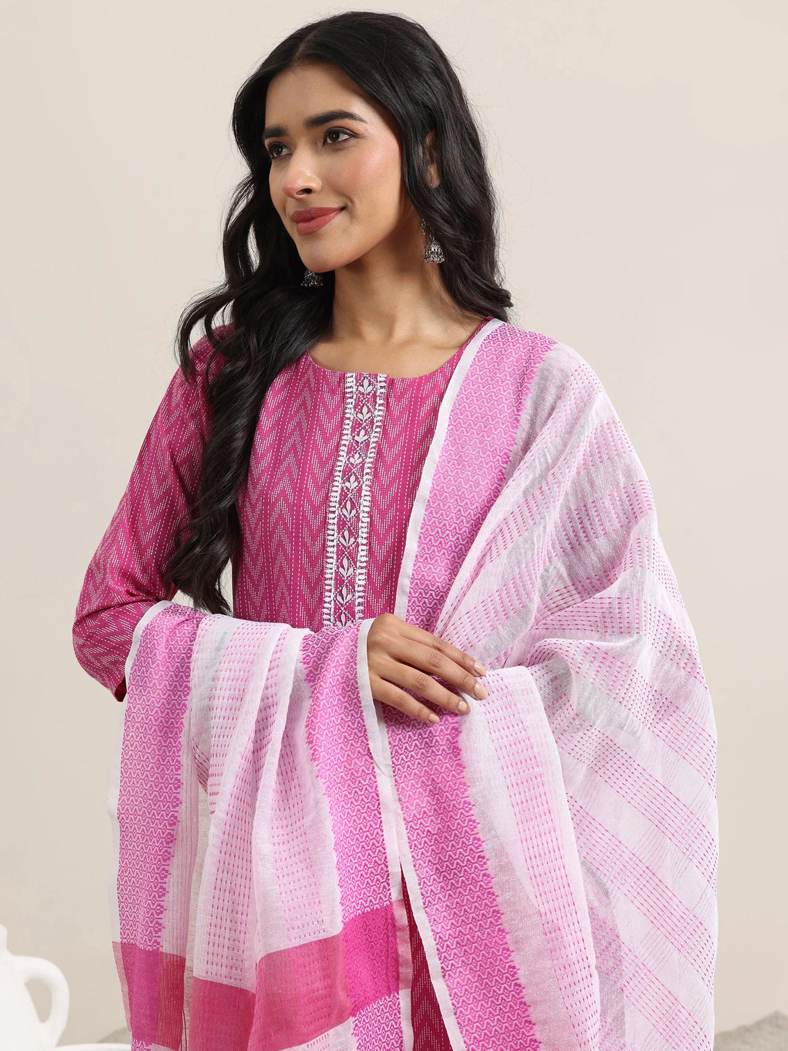 Mameraa Pink Woven Design Cotton Straight Suit With Dupatta