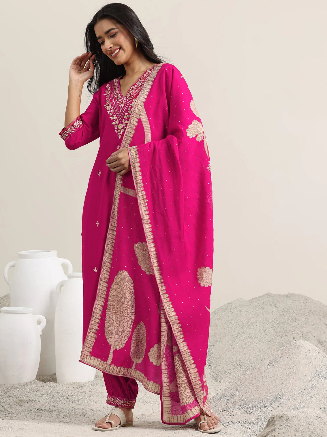 Mameraa Pink Embroidered Rayon Straight Suit With Dupatta