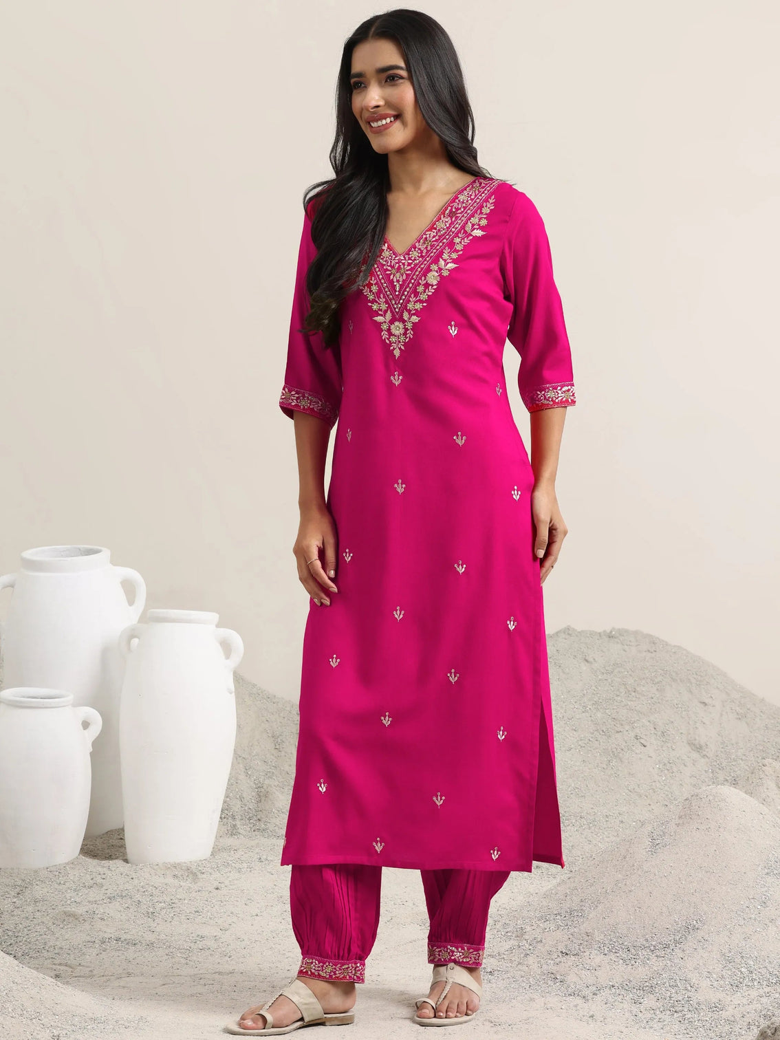 Mameraa Pink Embroidered Rayon Straight Suit With Dupatta